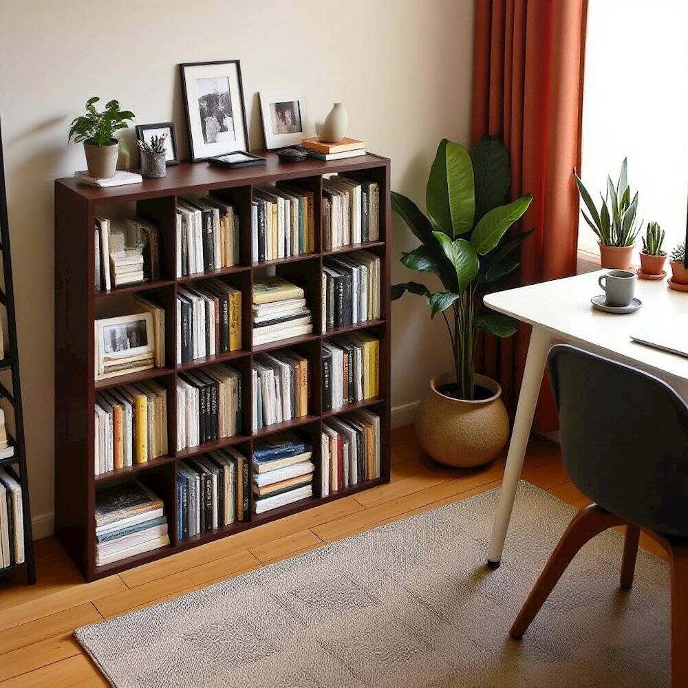 Left. FurniFact - Dark Oak Engineered Wood 16 Cube Storage Organizer with Open Back Shelving - Dark Oak.