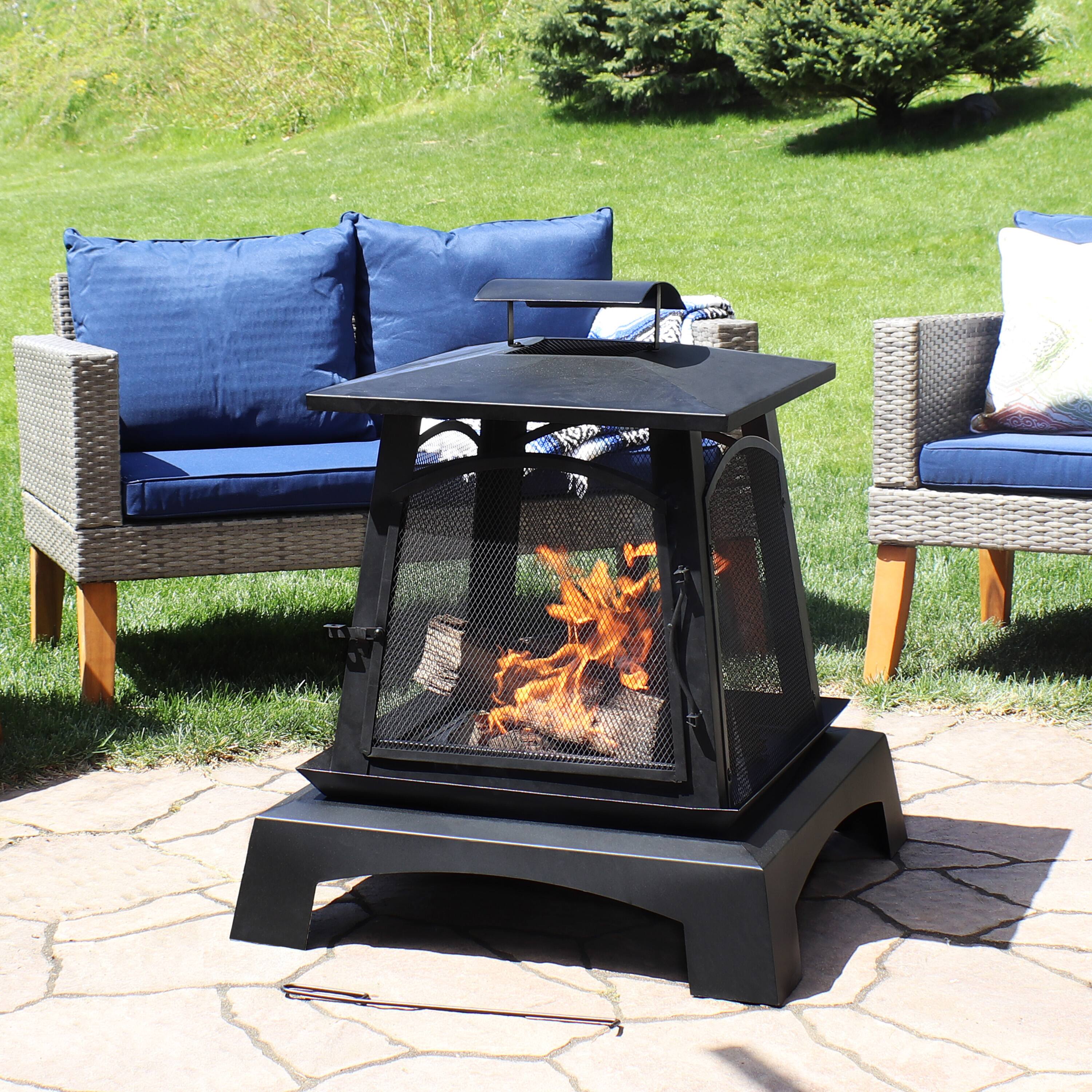 Alt View 1. Sunnydaze - 32 in Pagoda Style Steel Fire Pit with Log Grate and Poker - Black.