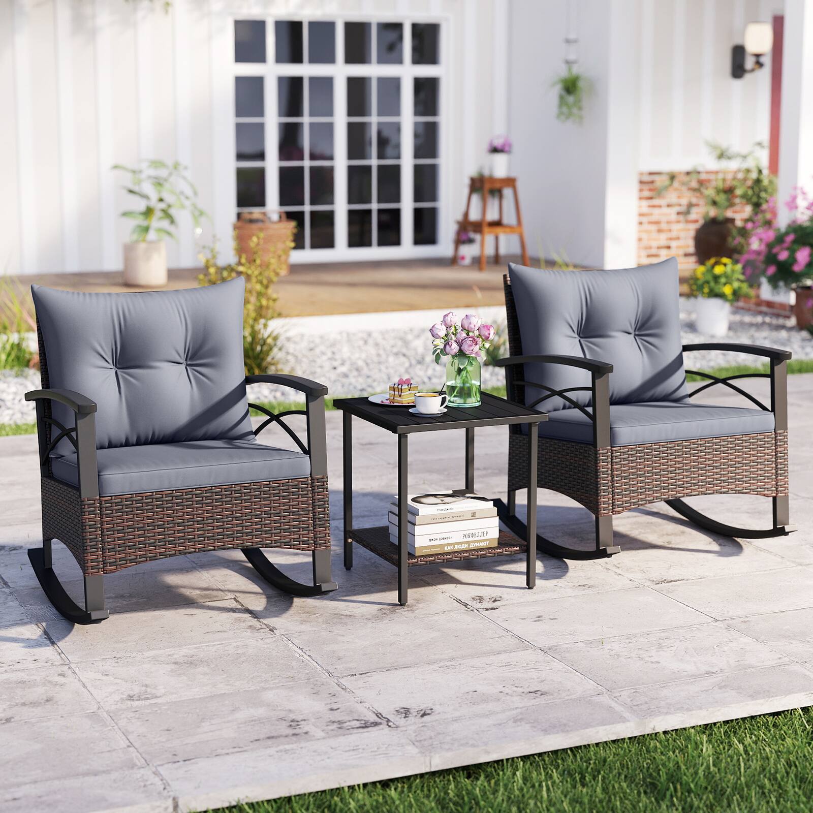 Alt View 1. Costway - 3 PCS Patio Rocker Set with 2-Tier Coffee Table & Soft Seat Back Cushions Outdoor - Mix Brown + Grey.