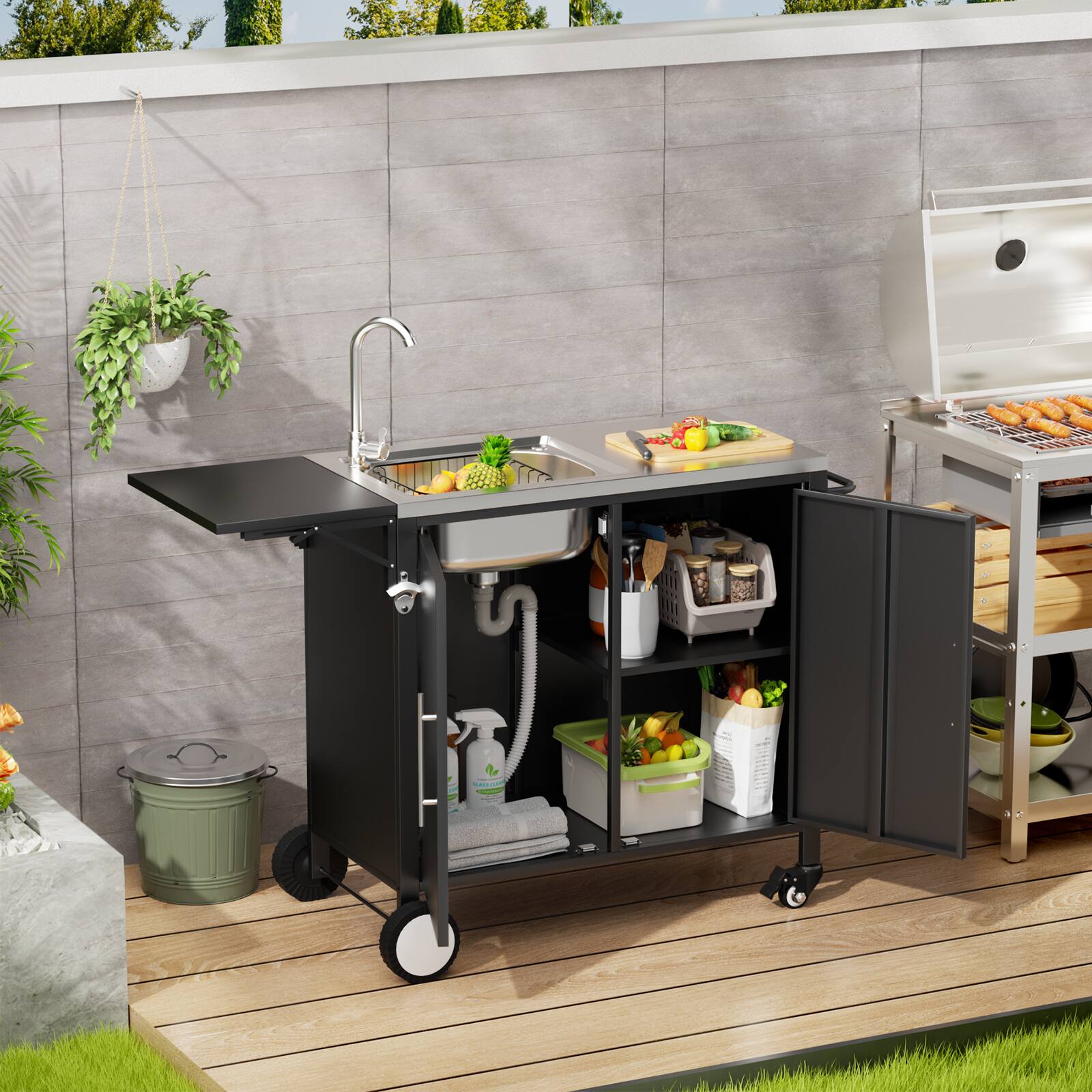 Alt View 1. Chateau Abodes - 304 Stainless Steel Outdoor Grill Table with Sink, Storage Cabinet on Wheels for Garden & Backyard - Black with Foldable Top.