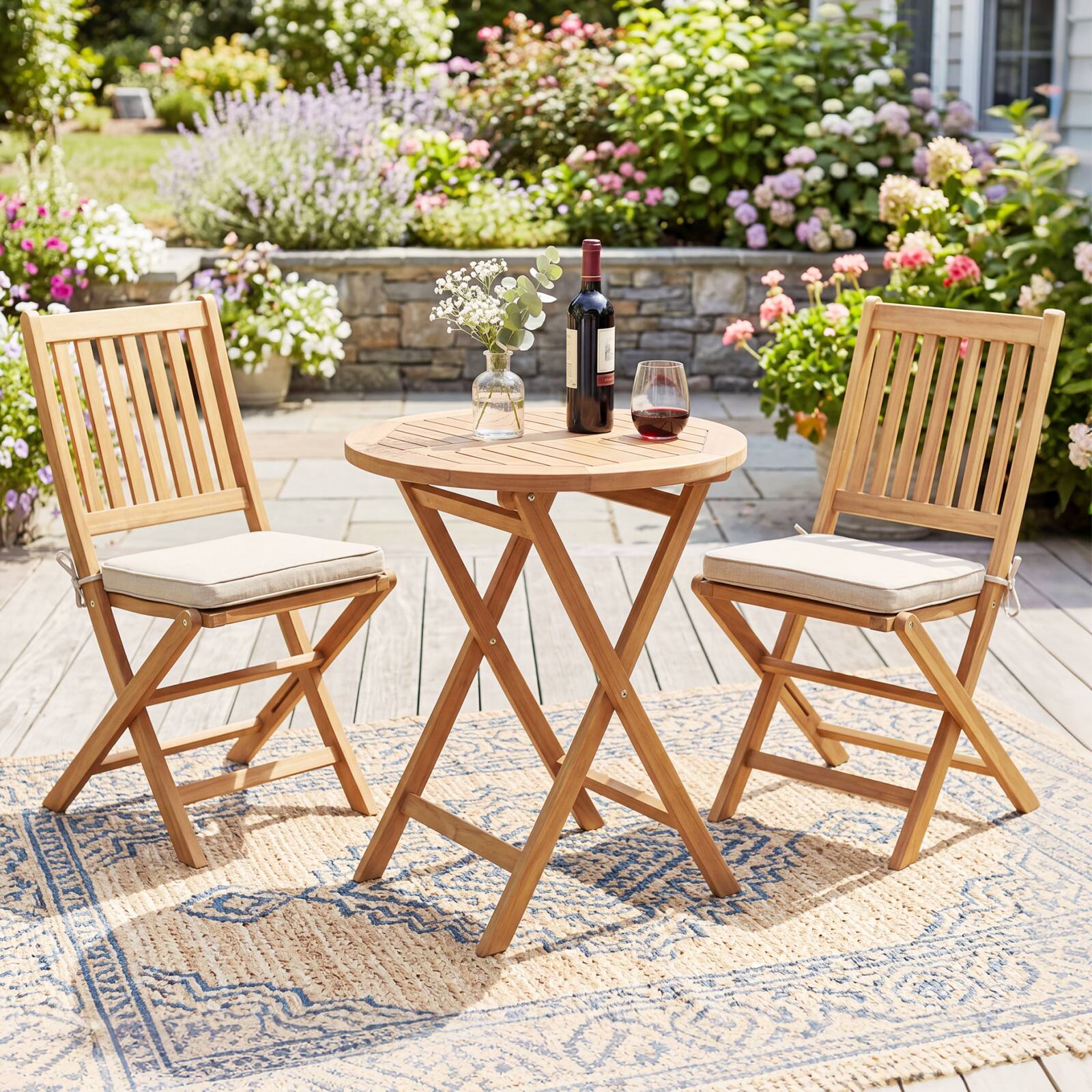 Alt View 3. Costway - Costway 24" Round Solid Teak Outdoor Folding Bistro Table with Footrest for Balcony, Garden - Natural.