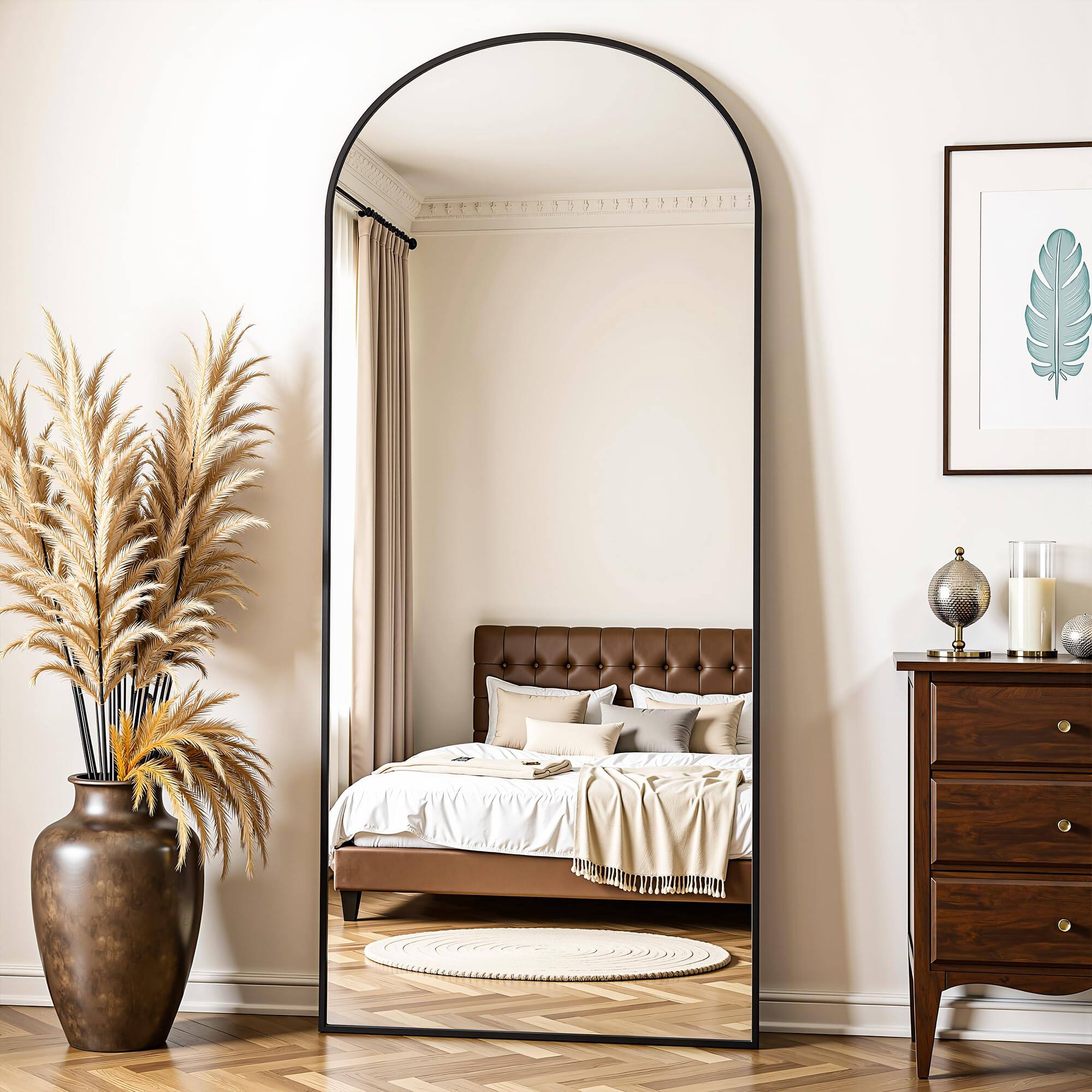 Back. Earthley Blooms - Full Length Mirror 64"x21" Arched Body Floor Mirrors With Stand Standing Hanging Leaning Against Wall Alu... - Black-64"L x 21"W.