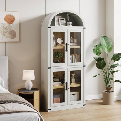 Front. Babevy - 71" Tall Vintage White Arched Bookcase, Glass Doors & Drawers, Chic Elegant Display Cabinet for Curated Home Showcase - White.