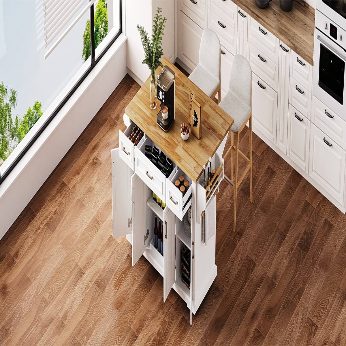 Alt View 1. Loheer - Loheer 54 inch kitchen island on wheels White Rubber Wood Top - White.