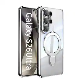 Dteck - Clear Mag Safe Case for Samsung Galaxy S26 Ultra,Transparent Back Plated Bumper Shockproof Metal Stand Cover + Lens Film - Silver