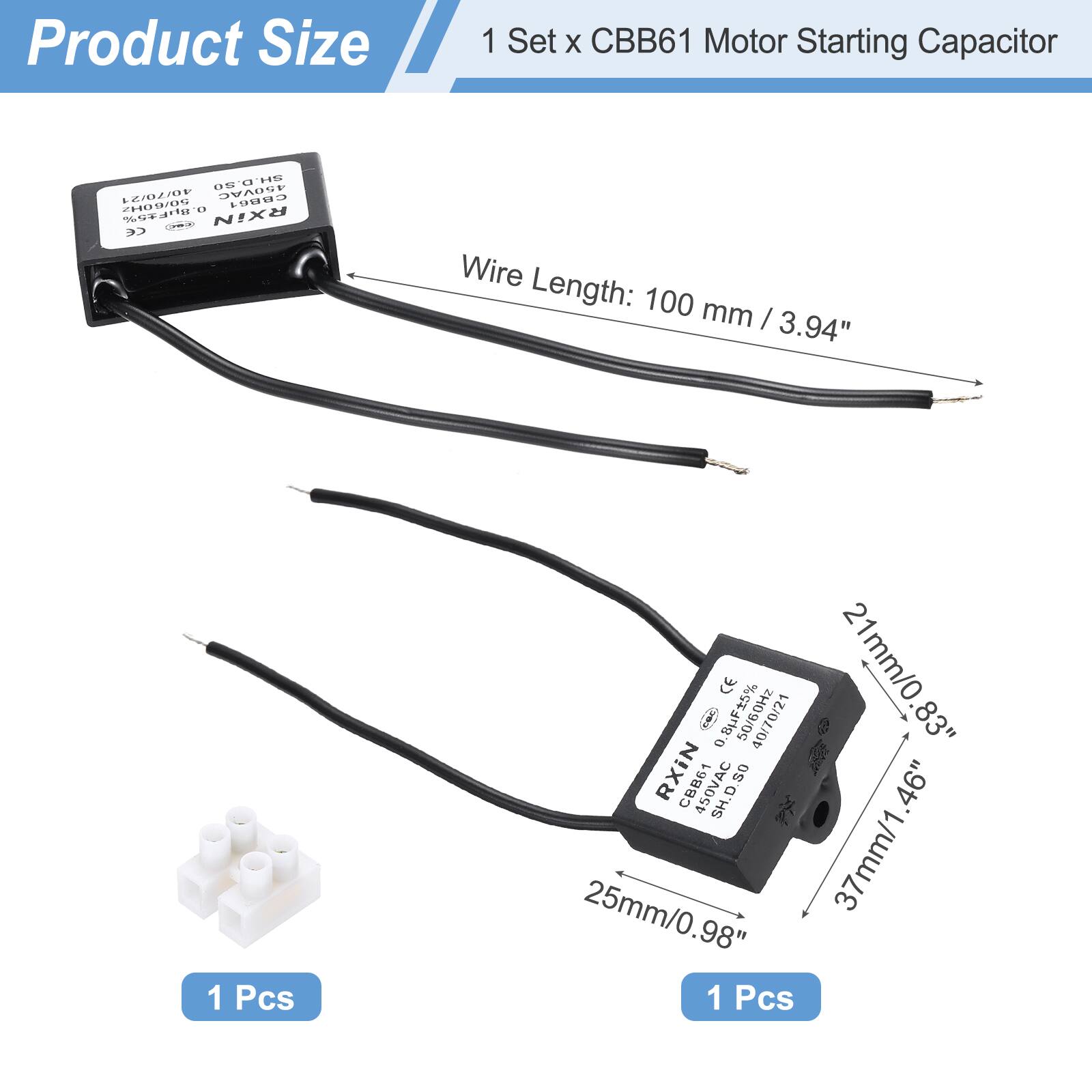 Product Size

1 Set x CBB61 Motor Starting Capacitor

Wire Length: 100 mm / 3.94"

1 Pcs

8uF 5% 40/70/21

21mm / 0.83"

25mm / 0.98"

37mm / 1.46"

1 Pcs