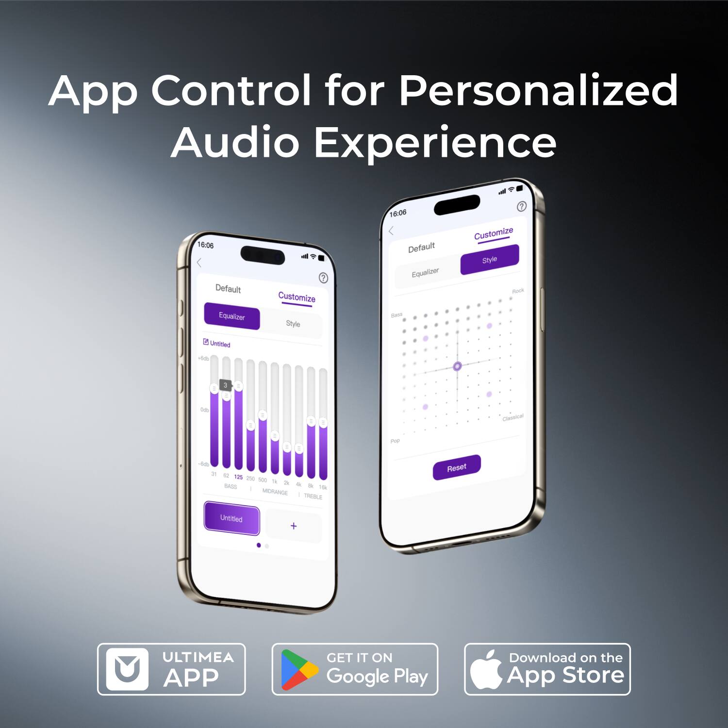 App Control for Personalized Audio Experience

16:06 Default Equalizer
7 Customize Style

16:06 Default Equalizer - 7 Customize Style - 3 Untitled d 1 3 D 1 Cheescer FOr -6 2 12 1% - - de i BAGS - - 1 MORANGE THIBLE Reset Untitied + ULTIMEA APP

GET IT ON Google Play
Download on the App Store