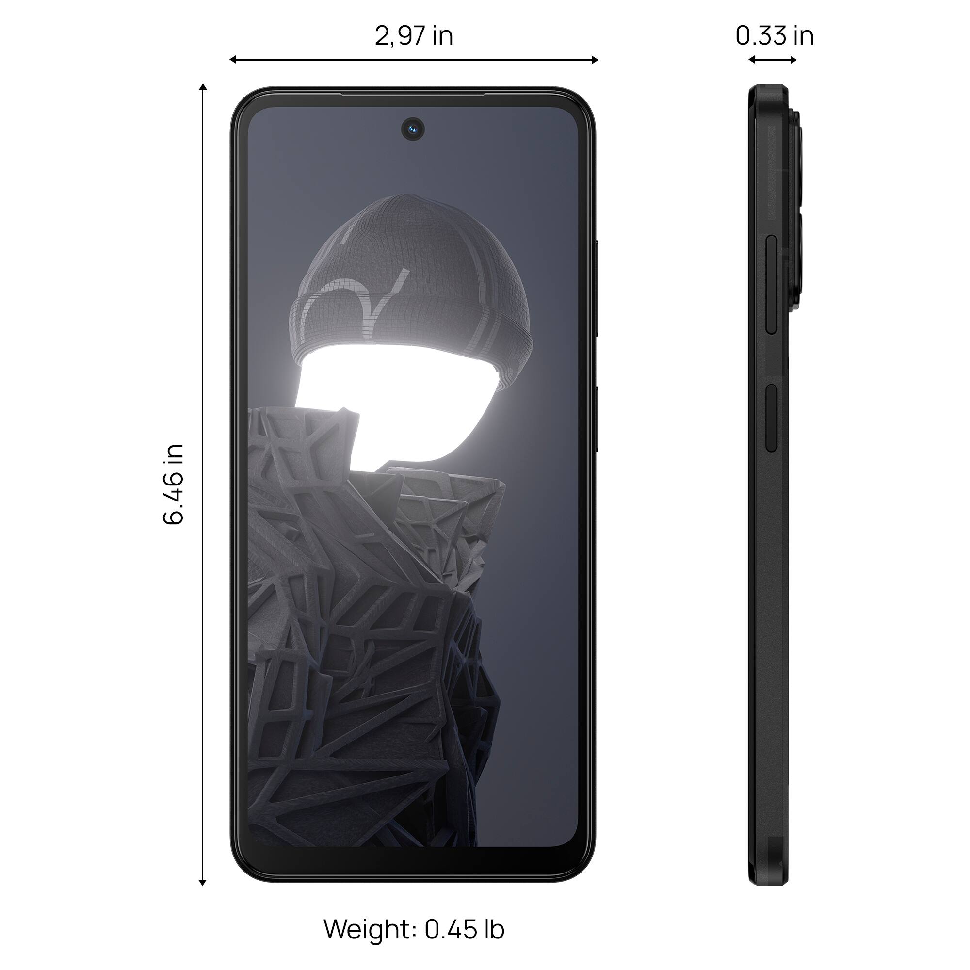 The image shows a cell phone with a weight of 0.45 lbs and dimensions of 2.97 inches in height and 0.33 inches in width.