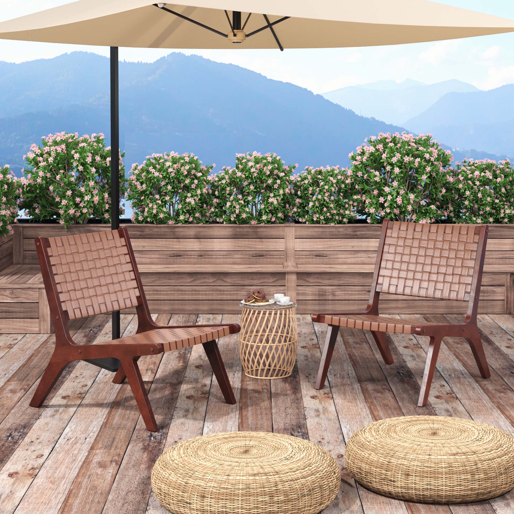 Left. Costway - Set of 2 Woven Leather Accent Chair Mid Century Rubber Wood Armless Side Chair - Brown.