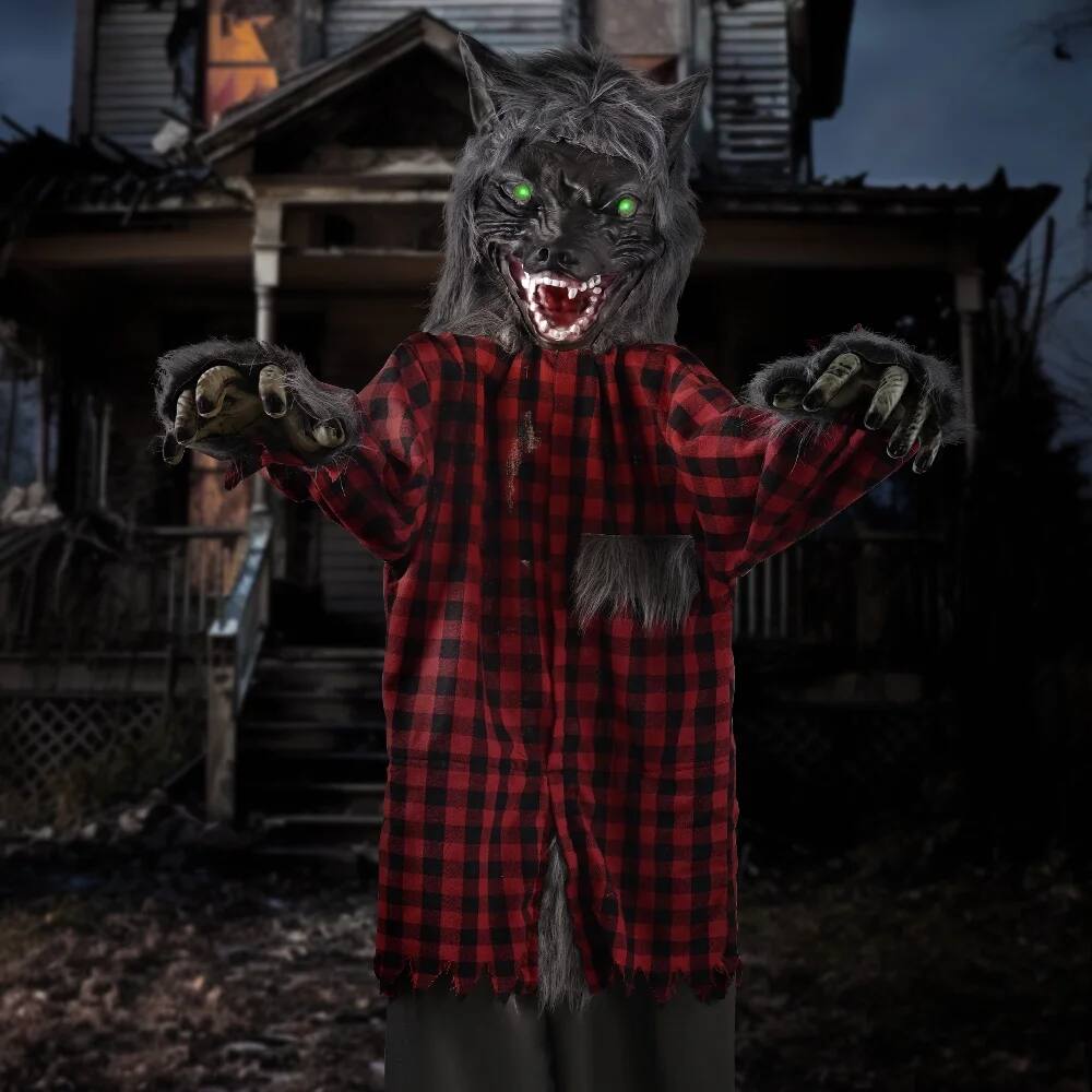 Angle. MOVSSOU - 6Ft Standing Werewolf Large Scary Halloween Decorations with LED Eyes & Sound(Battery Not Included) - grey, red, green.
