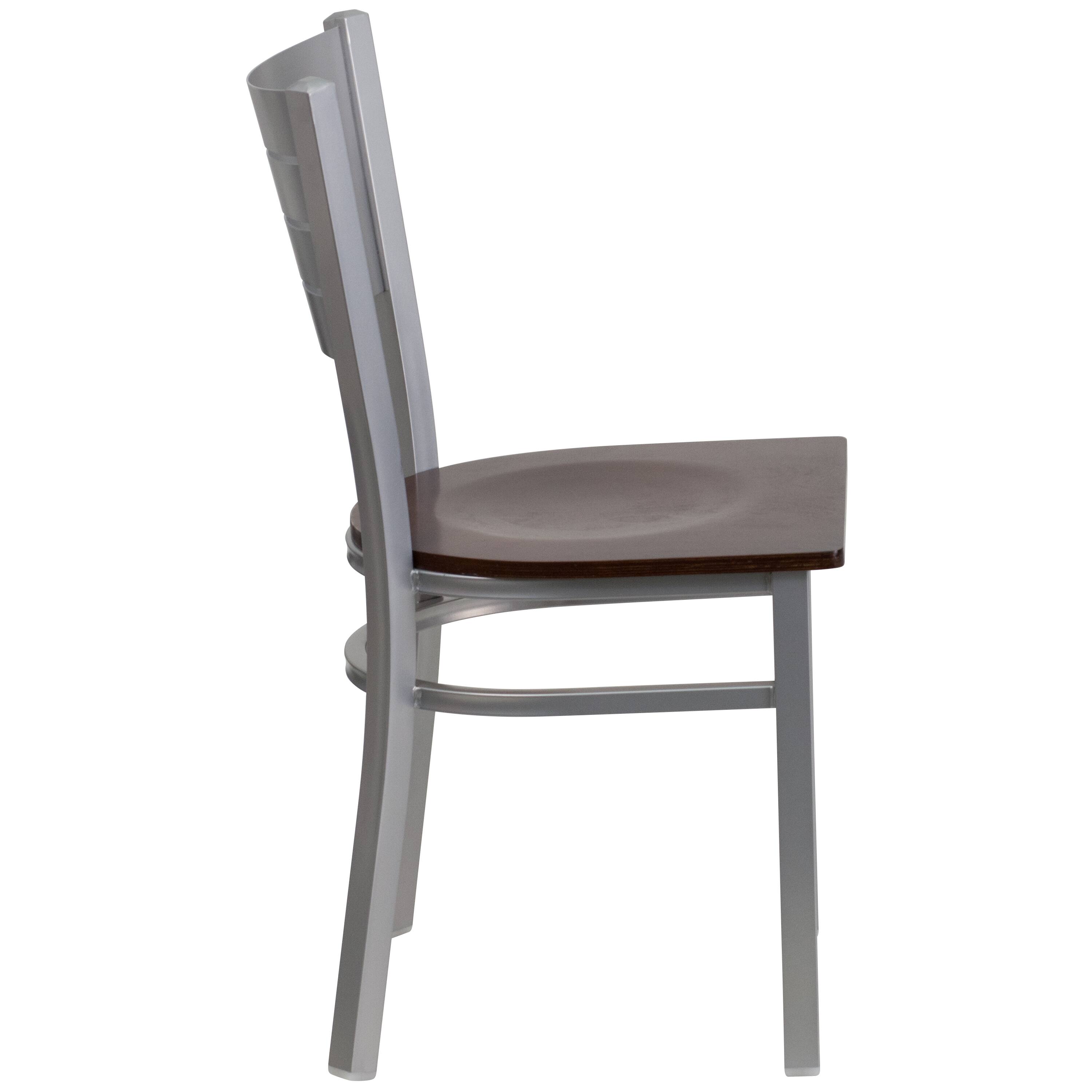 Left. Flash Furniture - HERCULES Series Silver Slat Back Metal Restaurant Chair - Walnut Wood Seat - Brown.