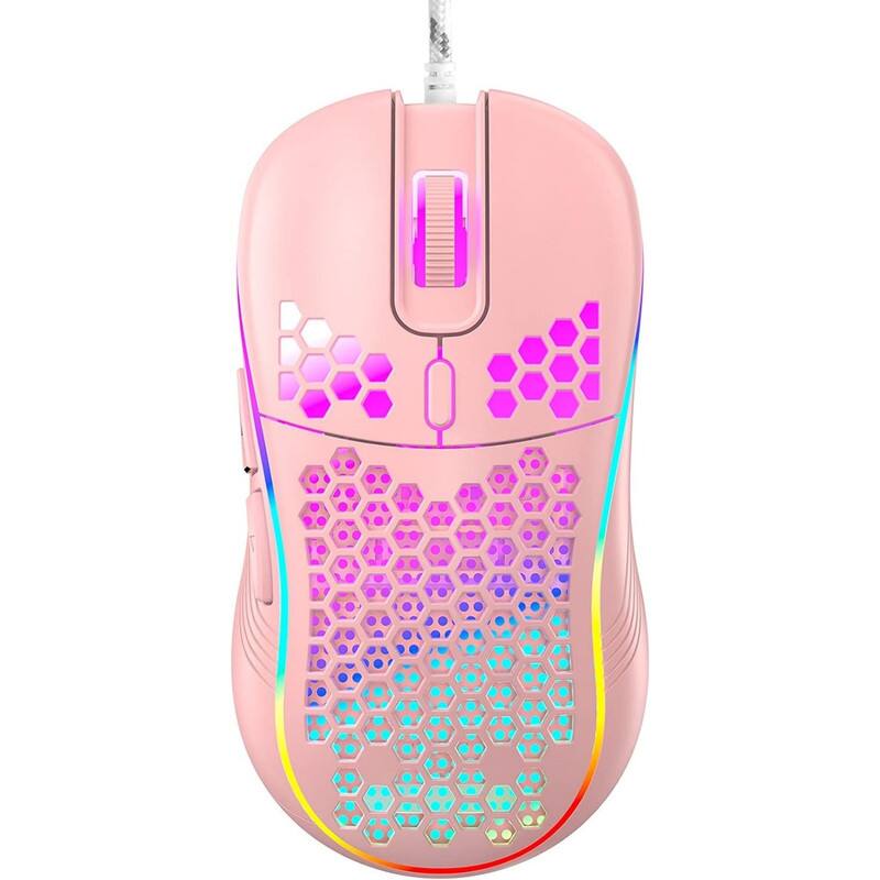 Front. SKRAN - Gaming Honeycomb Mouse with RGB On/Off, Adjustable 7200 /4800/2400/1200 DPI & Lightweight Design for Gaming, Office - Pink.