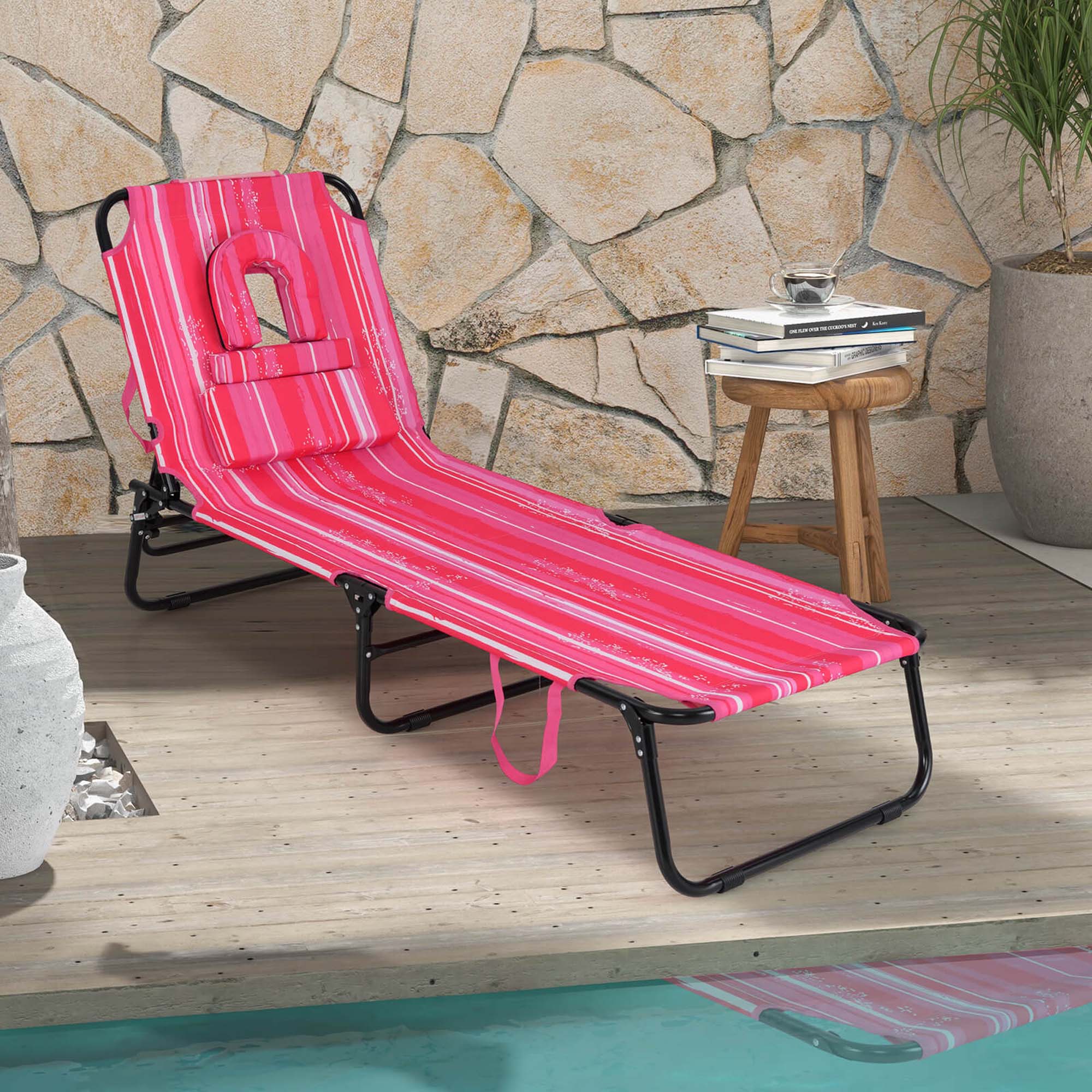 Alt View 1. Costway - Costway Beach Chaise Lounge Chair with Face Hole Pillows & 5-Position Adjustable Backrest - Light Pink.