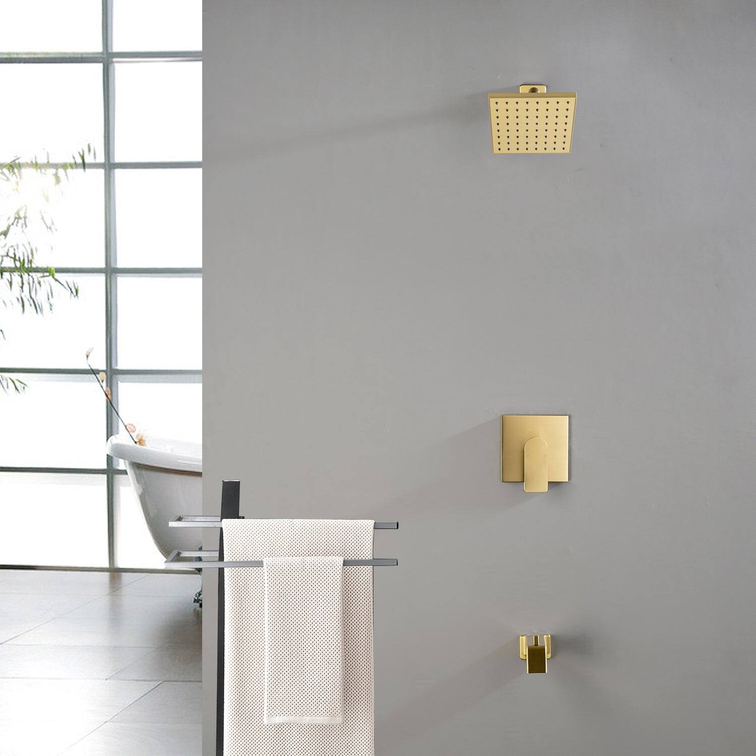 Alt View 2. Boyel Living - Brushed Gold Shower Set with 6 Inch Square Shower Head and Pressure Balance Valve - Brushed Gold.
