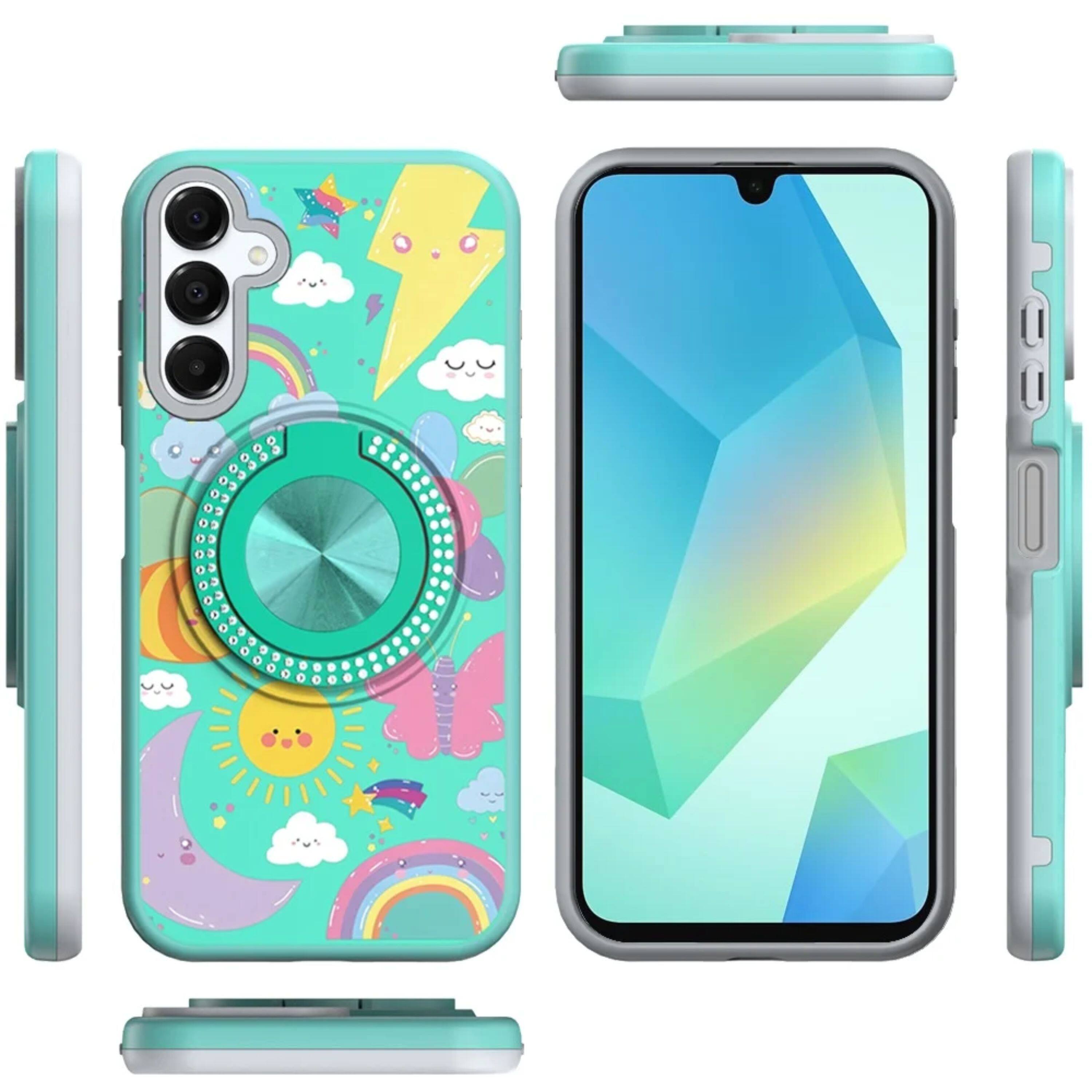 Angle. Kitcheniva - Printed Design With 360 Bling Stand Cover Plus Tempered Glass For Samsung A16 5G Case Aqua - Multicolor.