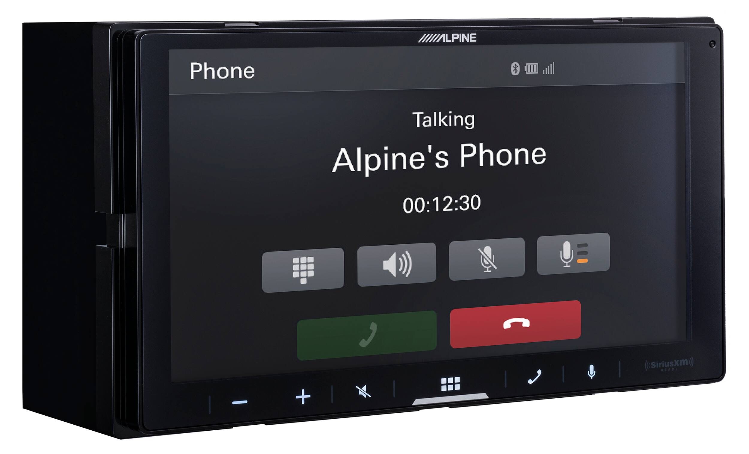 The text on the image is grouped and corrected as follows:

"Alpine's Phone Talking" is the main subject of the image, and it is displayed on the screen of the device. The time of the call is also visible, showing that the call has been ongoing for 12 minutes and 30 seconds. The device is a SiriusXM radio, which is a satellite radio service that provides various channels and content to its subscribers.