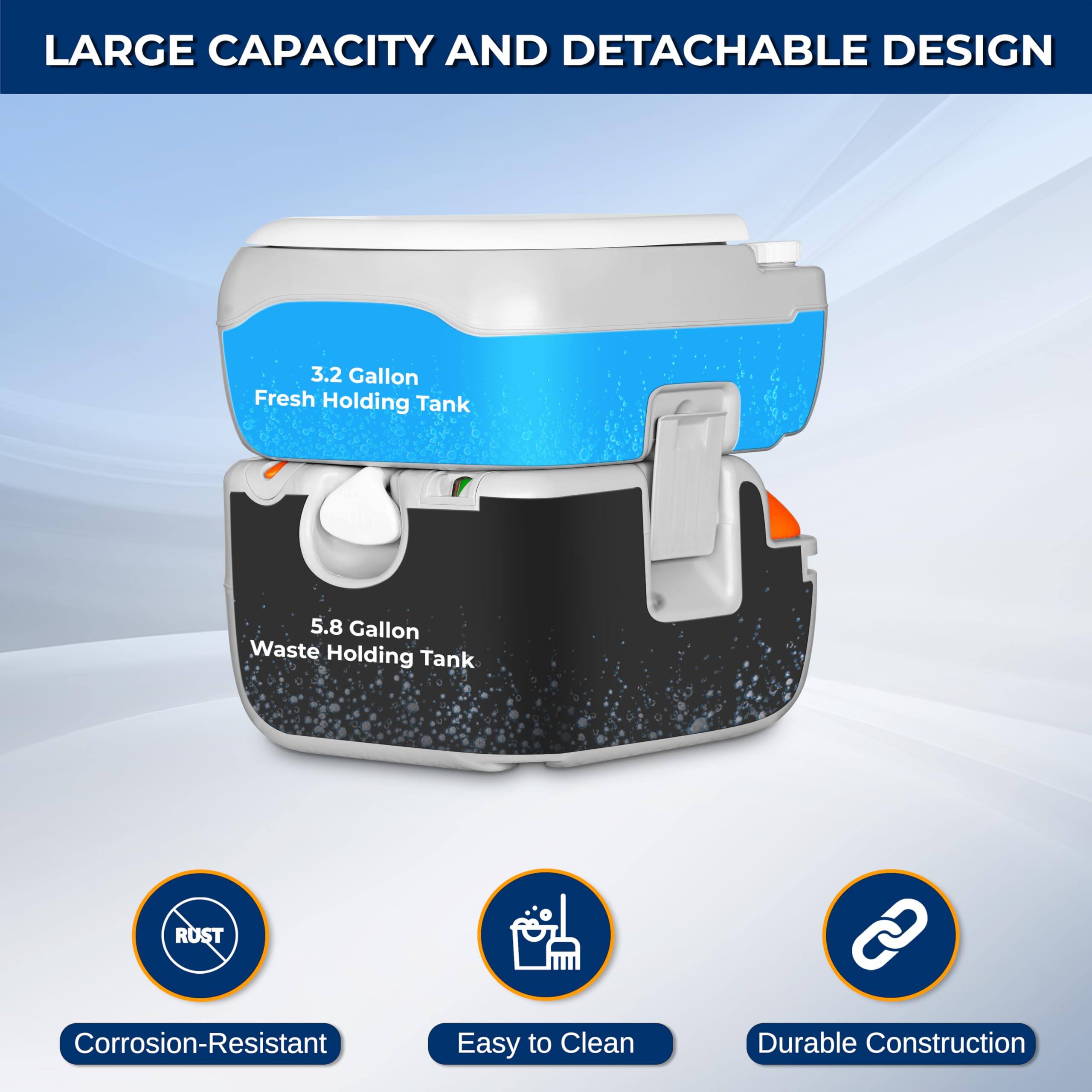 LARGE CAPACITY AND DETACHABLE DESIGN

3.2 Gallon Fresh Holding Tank  
5.8 Gallon Waste Holding Tank

RUST Corrosion-Resistant  
Easy to Clean  
Durable Construction