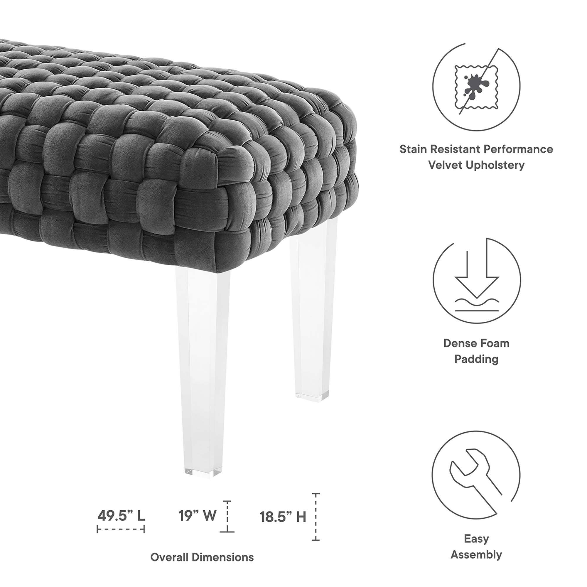 - Stain Resistant Performance Velvet Upholstery
- Dense Foam Padding
- Overall Dimensions: 49.5" L x 19" W x 18.5" H
- Easy Assembly