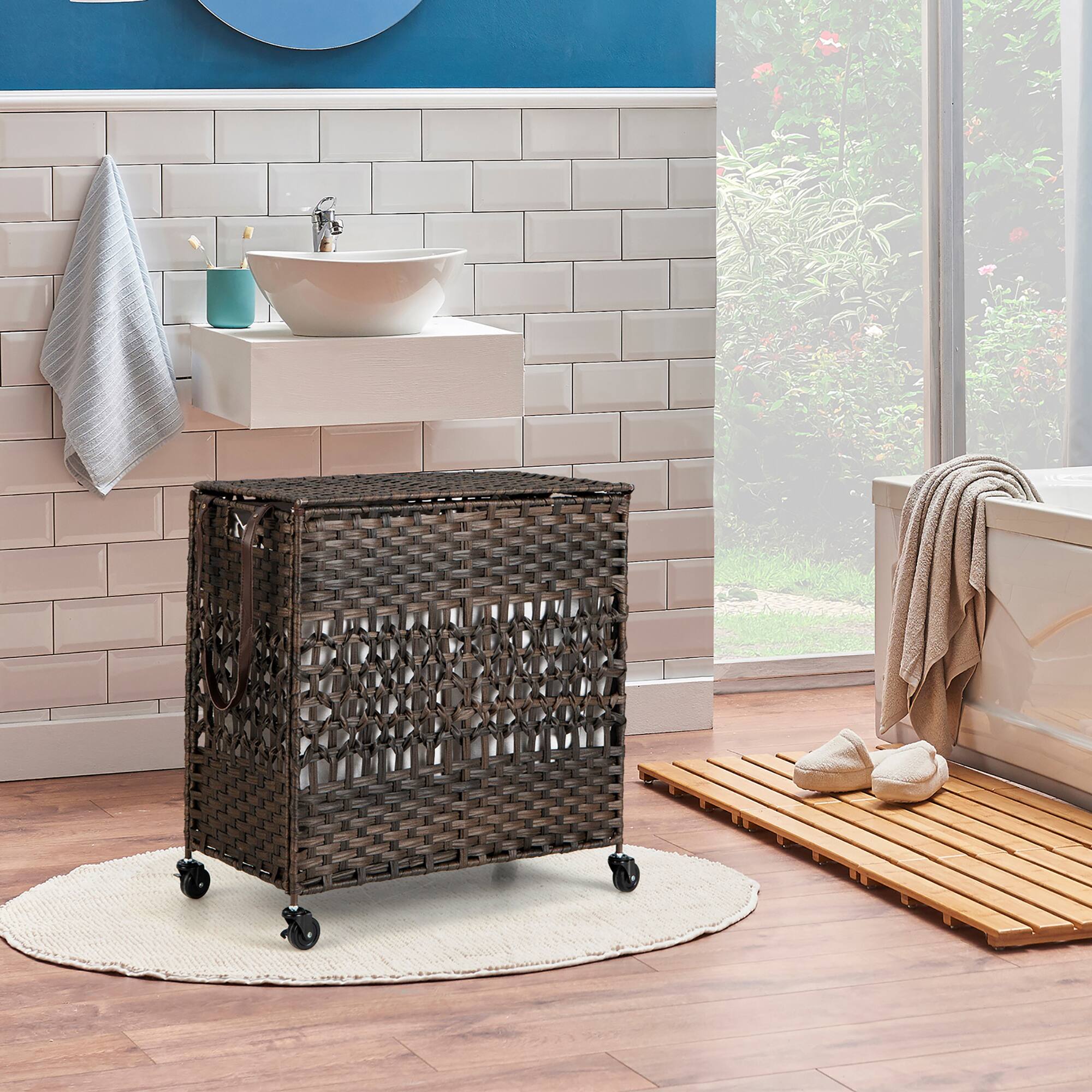 Alt View 14. Costway - 110L Laundry Hamper w/Wheels Clothes Basket w/Lid and Handle and 2 Liner Bags - Brown.