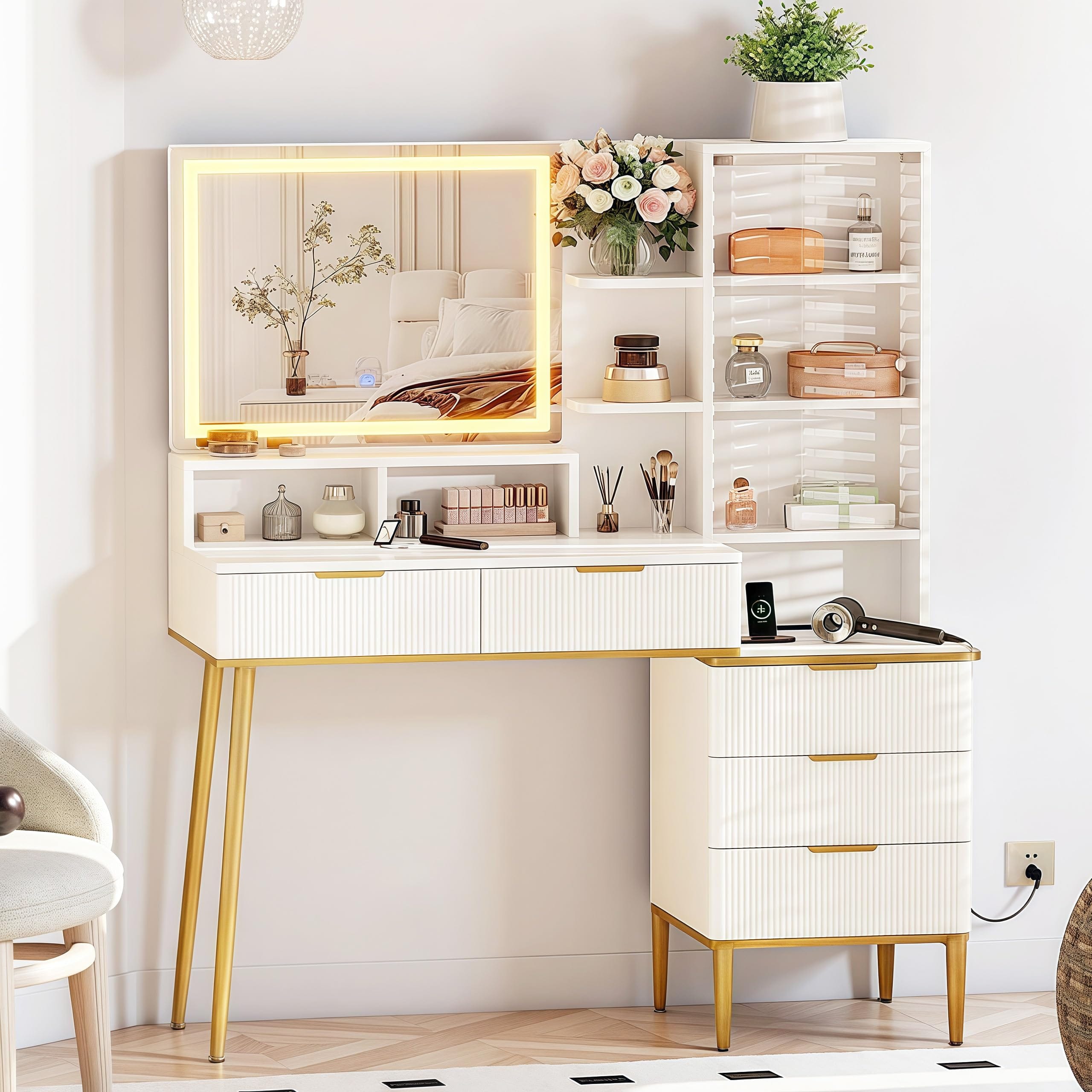 Jojoka - Fluted Vanity Desk with Lighted Mirror, 5 Drawers, Shelves & 3-Color LED, Power Outlet for Bedroom - White