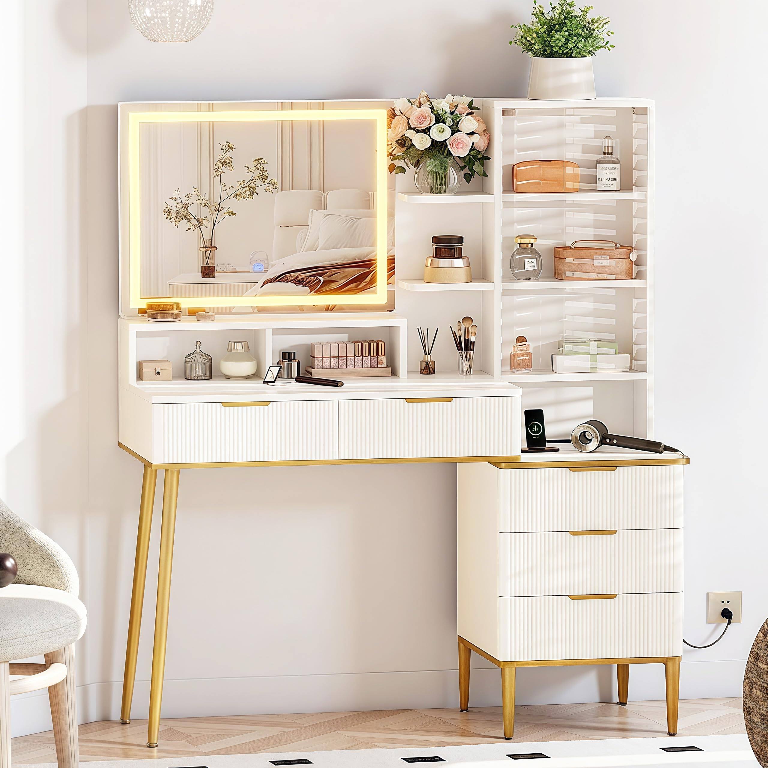 Jojoka - Fluted Vanity Desk with Lighted Mirror, 5 Drawers, Shelves & 3-Color LED, Power Outlet for Bedroom - White