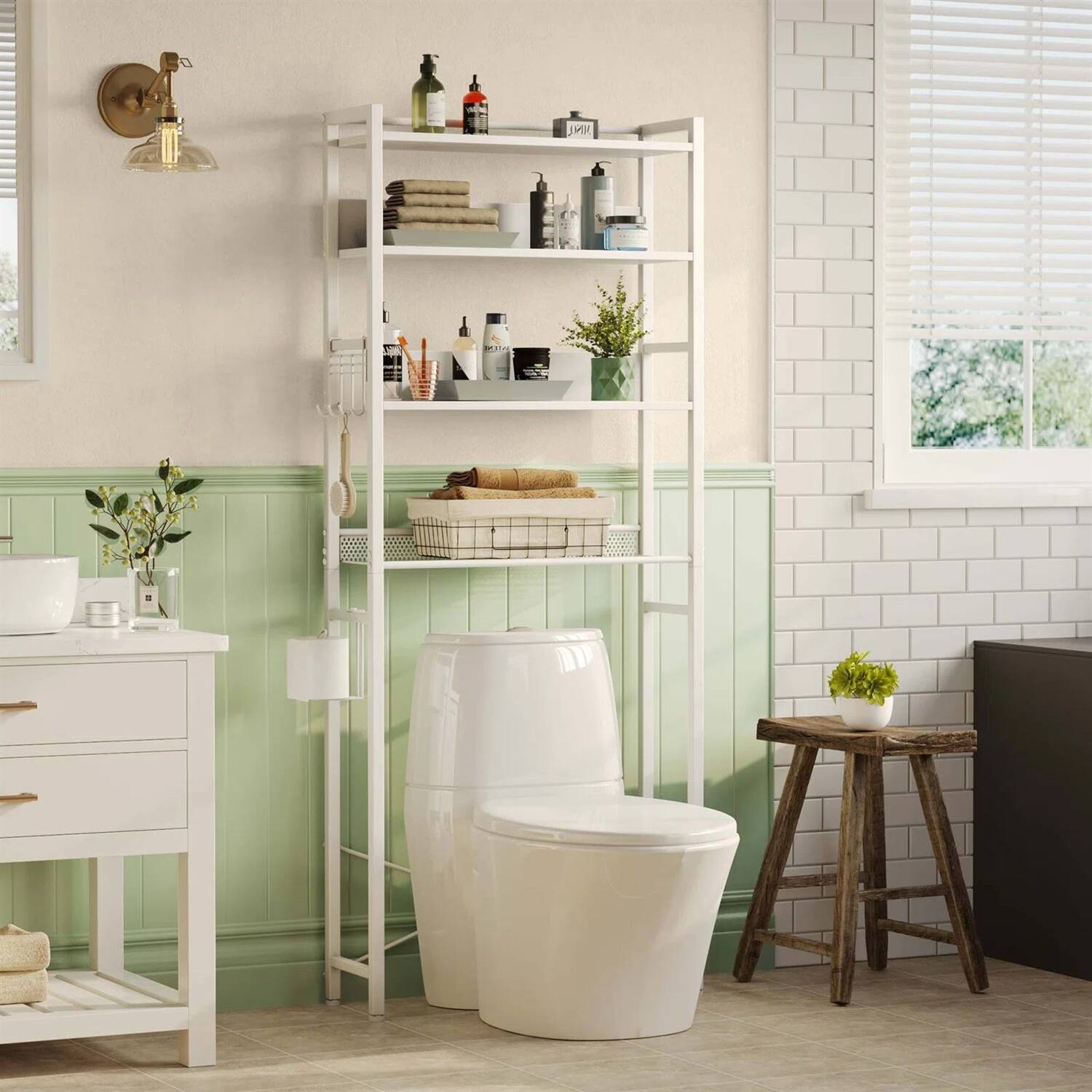 Left. SlickBlue - Space-Saving Freestanding Over Toilet Shelf with Contemporary Wood Style - White.