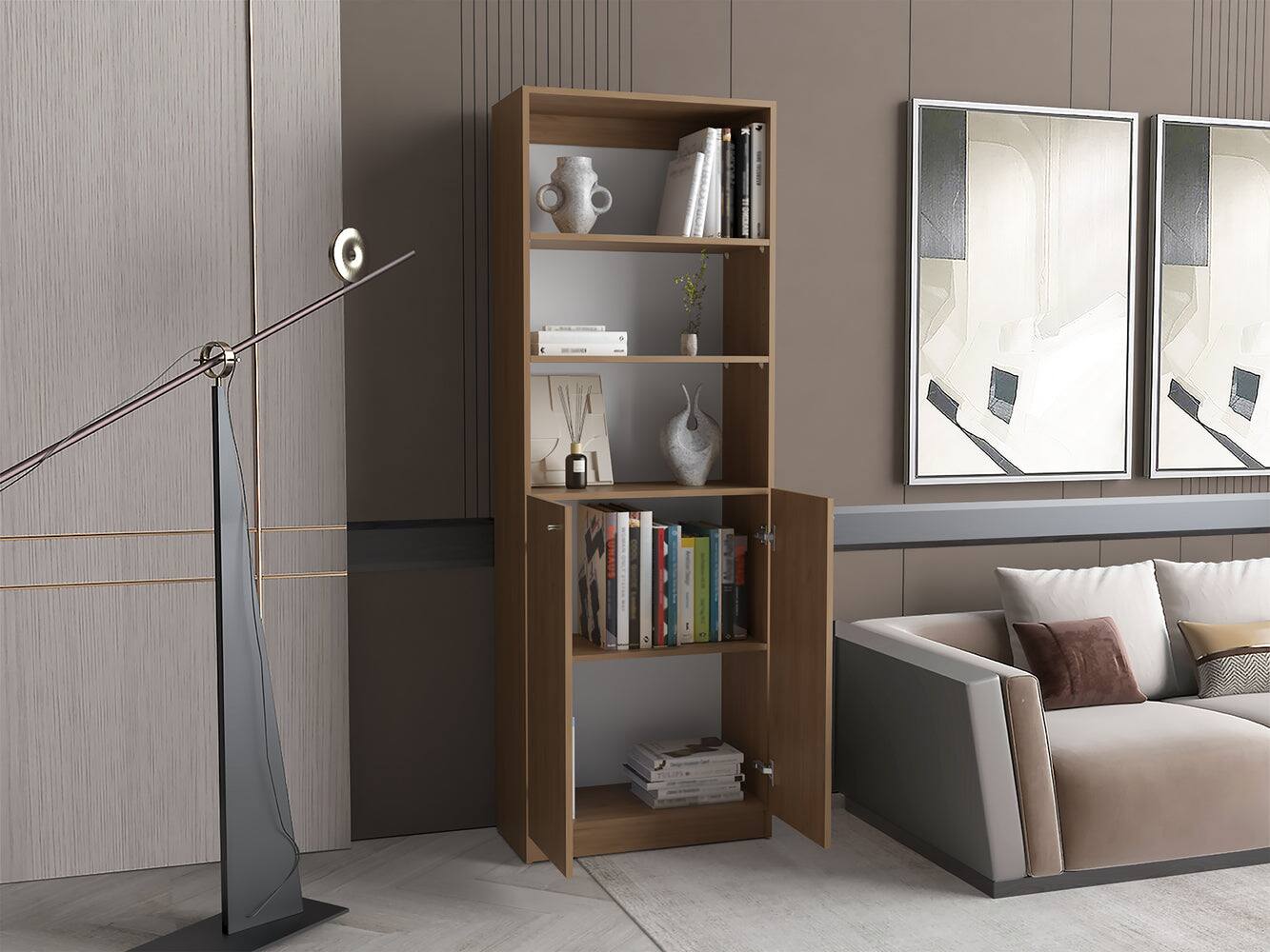 Angle. Depot Eshop - Vinton 2-Door Bookcase with Upper Shelves - Natural Oak / White.