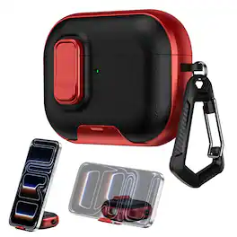 Dteck - Case for AirPods Pro 3rd Gen (2025) with Lock Closure,Stand & Carabiner,Shockproof Leather Texture Earbuds Cover - Blackred