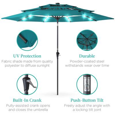 Best Choice Products 10ft 3-Tier Solar Patio Umbrella w/ 24 LED Lights, Tilt Adjustment, Easy Crank - Cerulean Best Choice Products 10ft 3-Tier Solar Patio Umbrella w/ 24 LED Lights, Tilt Adjustment, Easy Crank - Cerulean
