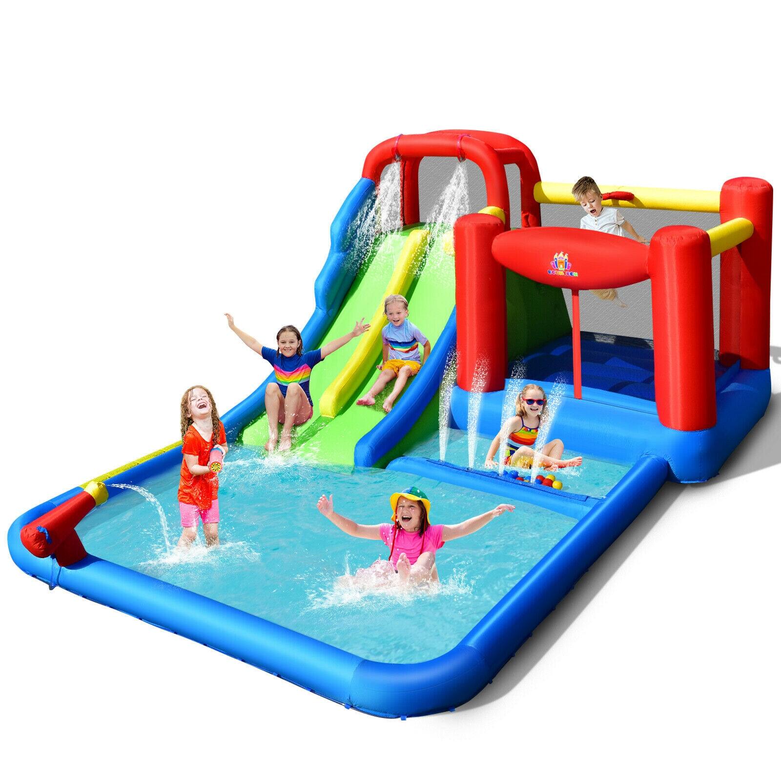 Back. SlickBlue - Inflatable Kids Water Slide with Ocean Balls, Outdoor Playset Without Blower - Blue, Red, Green, Yellow.