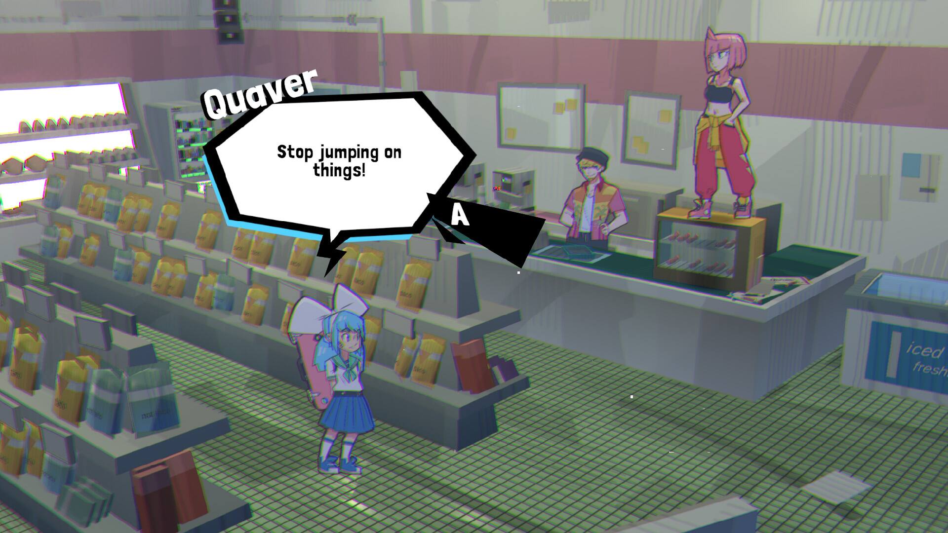 Quaver  
Stop jumping on things!  
- 2  
- - - A - 3 7 E L -  
Ten TO e bos Mes  
- 1 10y  
iced fresh br es t