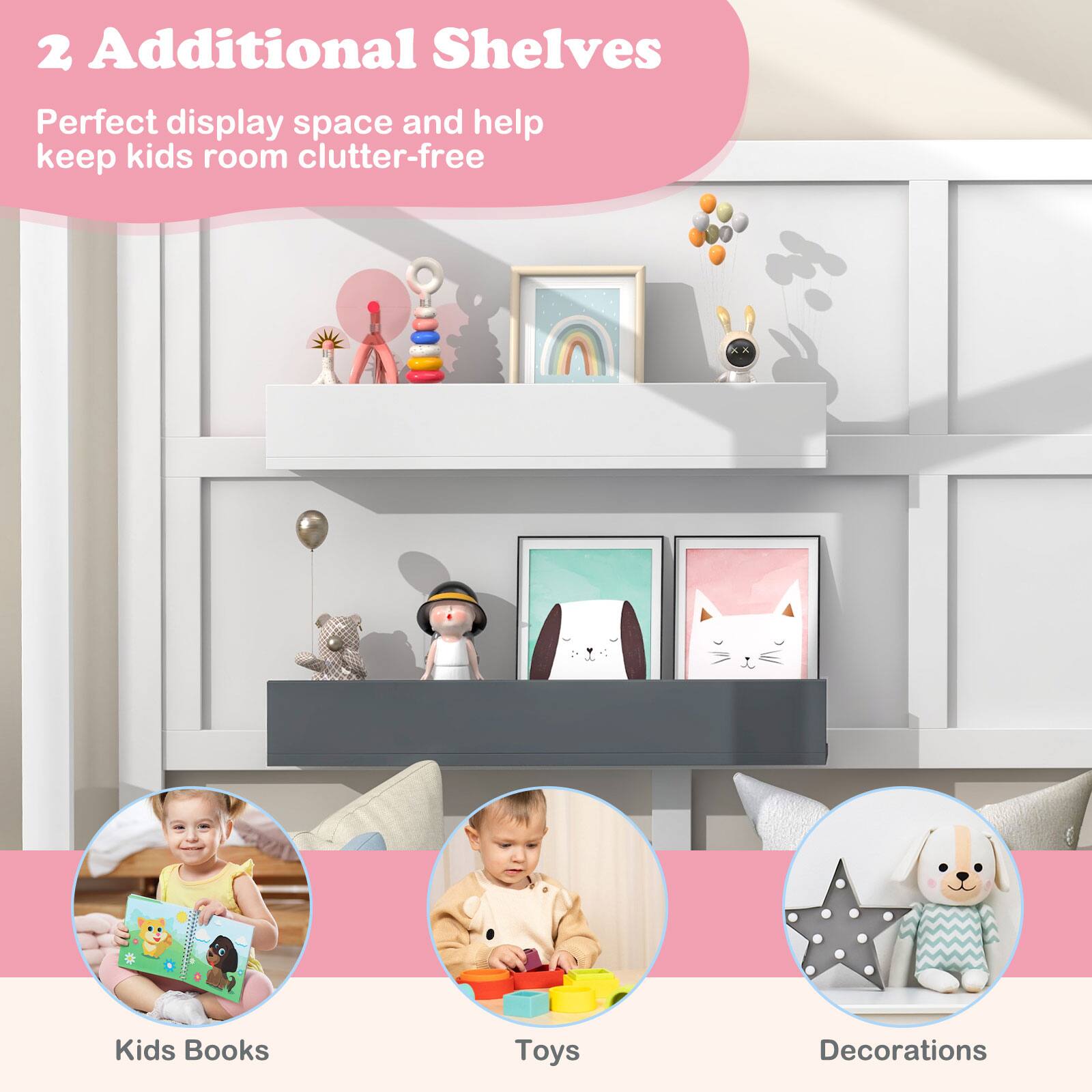 Alt View 8. Costway - Costway Twin Size Kids House Bed with Fence Window Wooden Slats & 2 Storage Shelves - White,Gray.