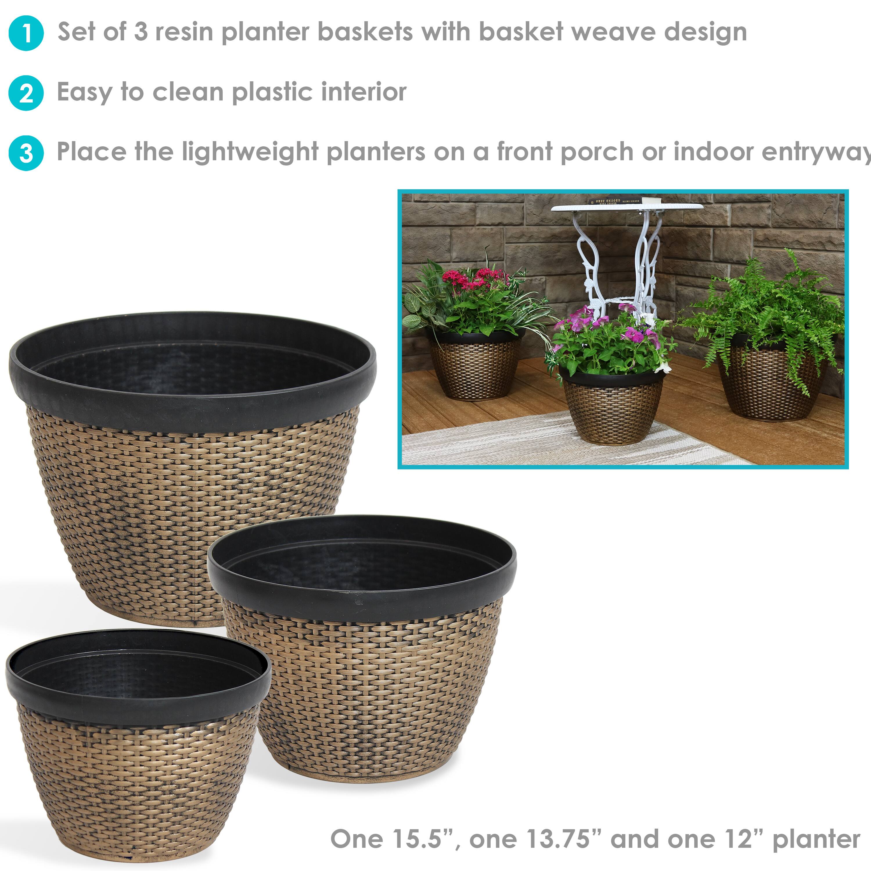 1. Set of 3 resin planter baskets with basket weave design
2. Easy to clean plastic interior
3. Place the lightweight planters on a front porch or indoor entryway

One 15.5", one 13.75" and one 12" planter