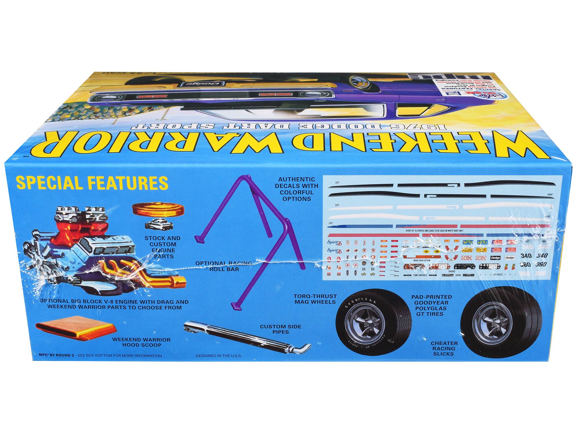 **SPECIAL FEATURES**

- **AUTHENTIC DECALS WITH COLORFUL OPTIONS**
- **STOCK AND CUSTOM ENGINE PARTS**
- **OPTIONAL BIG BLOCK V-8 ENGINE WITH DRAG AND WEEKEND WARRIOR PARTS TO CHOOSE FROM**
- **WEEKEND WARRIOR HOOD SCOOP**
- **OPTIONAL RACING ROLL BAR**
- **TORQ-THRUST MAG WHEELS**
- **PAD-PRINTED GOODYEAR POLYGLAS GT TIRES**
- **CUSTOM SIDE PIPES**
- **CHEATER RACING SLICKS**

**MPC BY ROUND 2 - SEE BOX BOTTOM FOR MORE INFORMATION**

**DESIGNED IN THE U.S.A.**