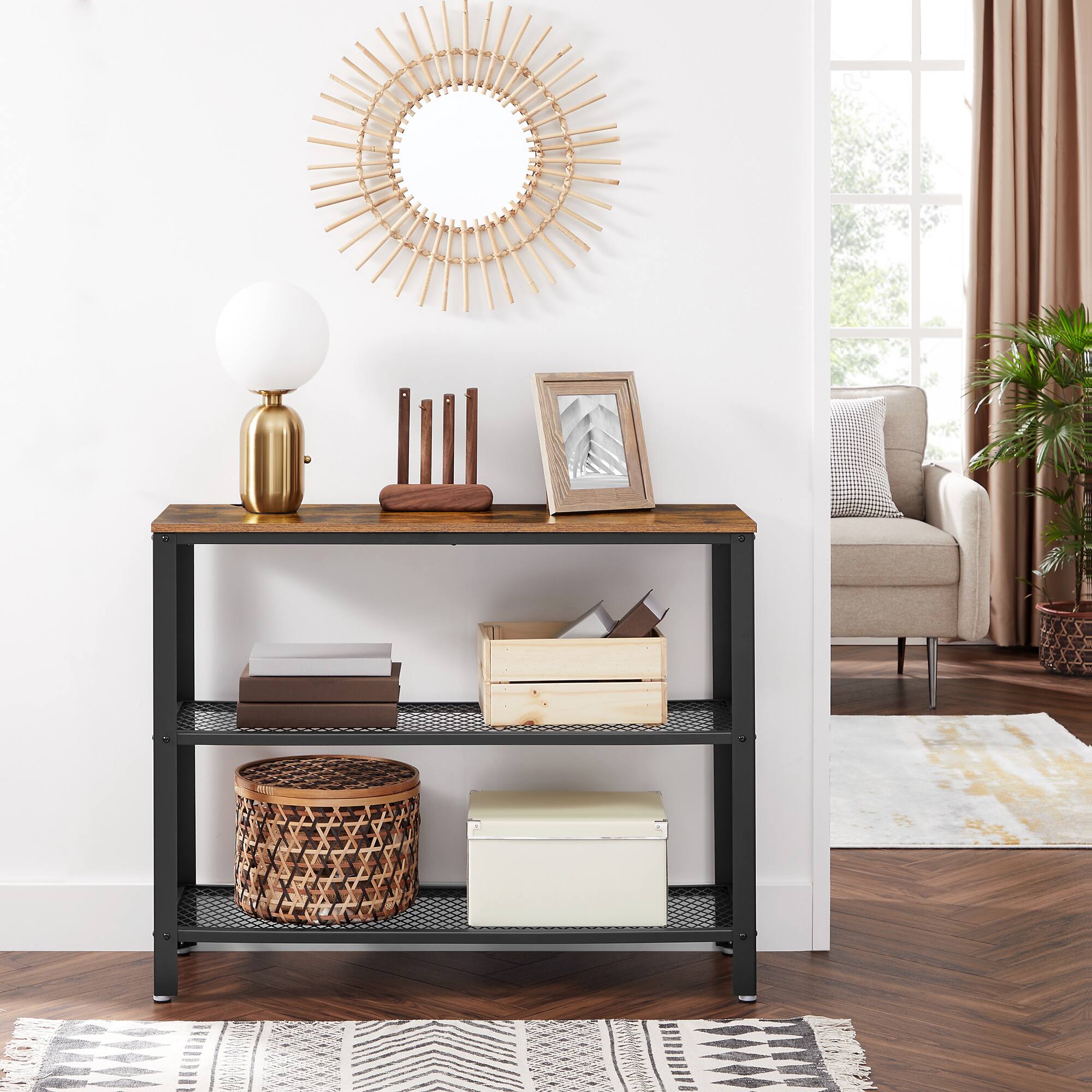 Angle. Songmics Home - 40" Industrial Console, 3 Tier Entryway Storage Shelf, Narrow Sofa Table for Living Room, Hallway, Entrance Hall - Rustic Brown and Black.