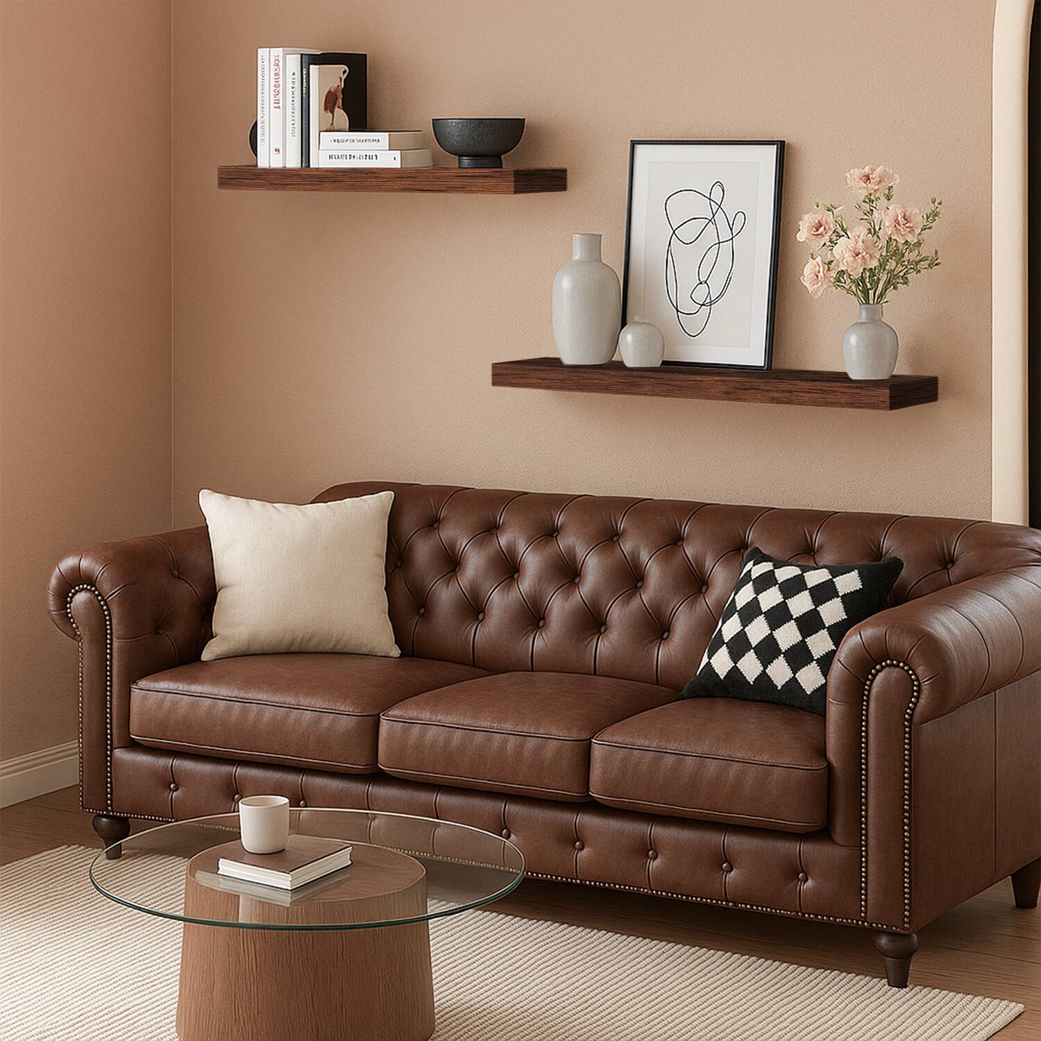 Alt View 3. BOMEDA - 2 Pack Floating Shelves for Wall, Wooden Wall Mounted Shelf for Bathroom or Room, Over Toilet Organizer, 24x7x1.5 in - Walnut-like.