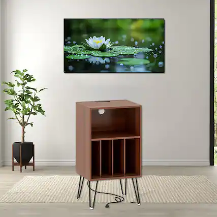 Front. Hivvago - Stylish Turntable Console with Power Hub and Record Storage Shelves - Walnut.