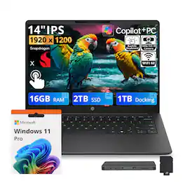 HP - Upgraded - OmniBook 3 14" WUXGA Touch Laptop,Snapdragon X X1-26-100,16GB LPDDR5,2TB SSD+1TB Dock Set,Backlit,Win 11 Pro - Black