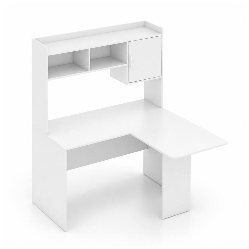 Alt View 5. WELLFOR - L Shape Desk with Open Storage Hutch and Cabinet , Tall Computer Desk for Home Office - White.