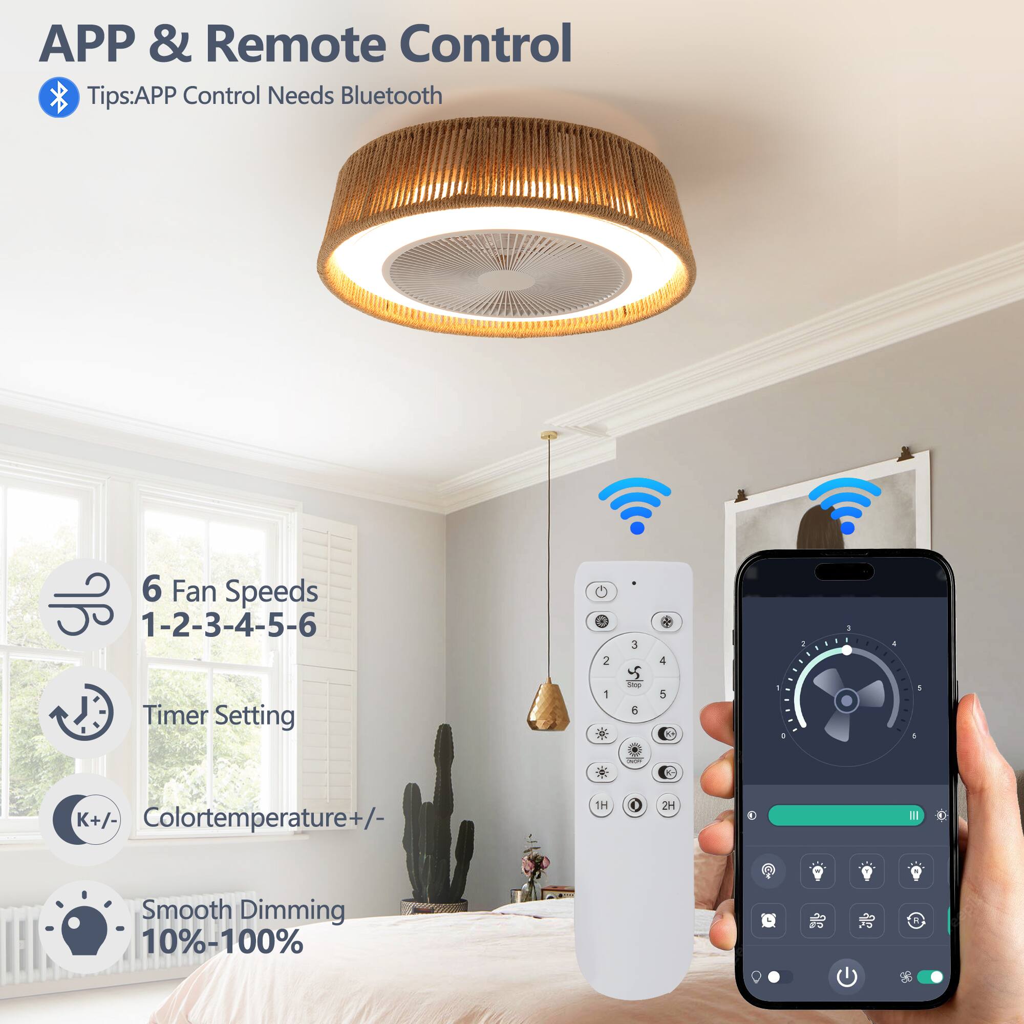 Sure, here is the corrected and grouped text from the image:

---

**APP & Remote Control**

- **Tips:** APP Control Needs Bluetooth

- **6 Fan Speeds**
  - 1-2-3-4-5-6

- **Timer Setting**

- **Colortemperature +/-**

- **Smooth Dimming**
  - 10%-100%

---