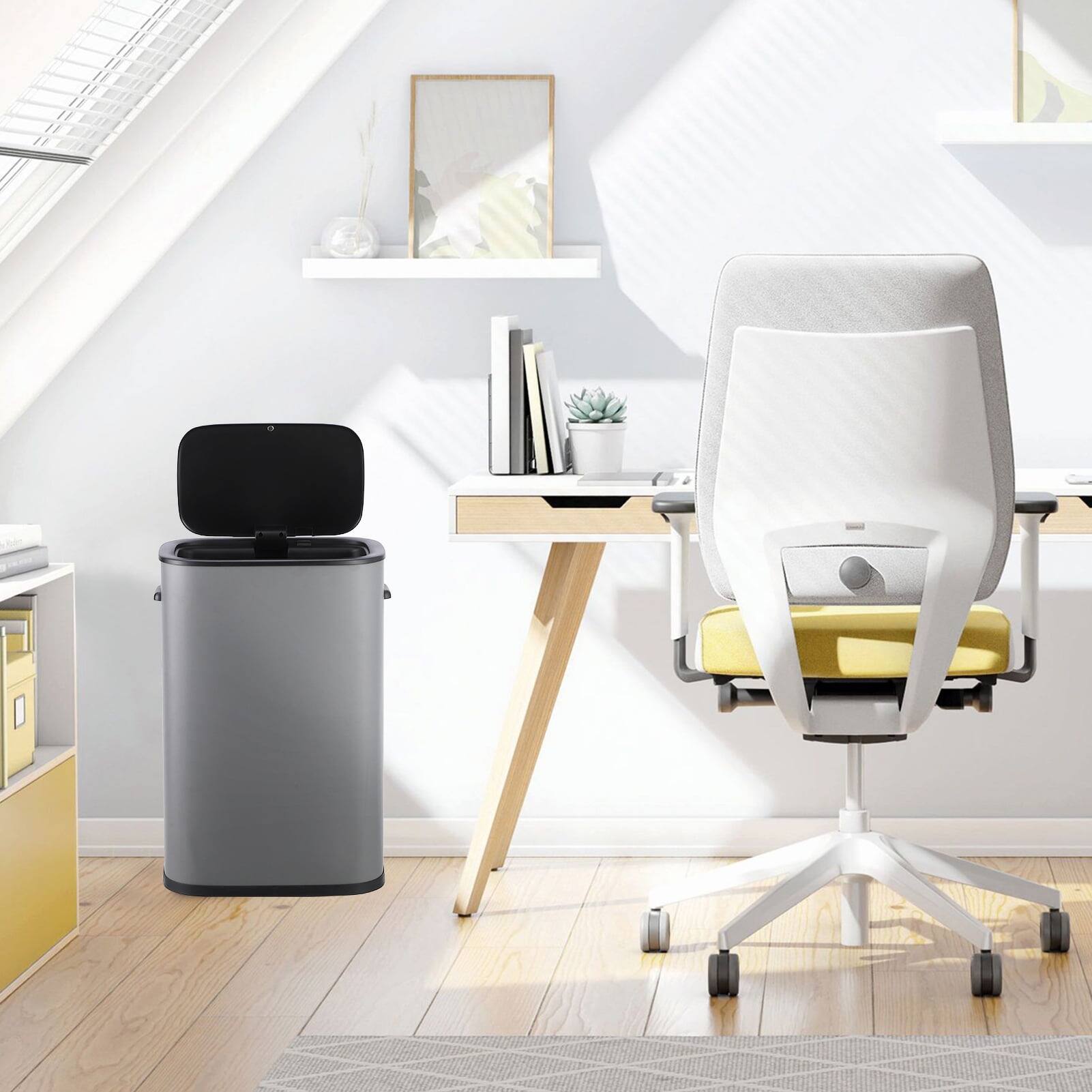 Left. Homhougo - 13 Gallon Automatic Trash Can with Lid, Smart Motion Sensor Bin for Bedroom, Bathroom, Kitchen, Office - Grey.