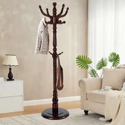 Front. Chateau Abodes - Coat Rack Freestanding, Natural Birch Wood Coat Tree with 11 Hooks, 200lbs Load, Stury Base - Dark brown.