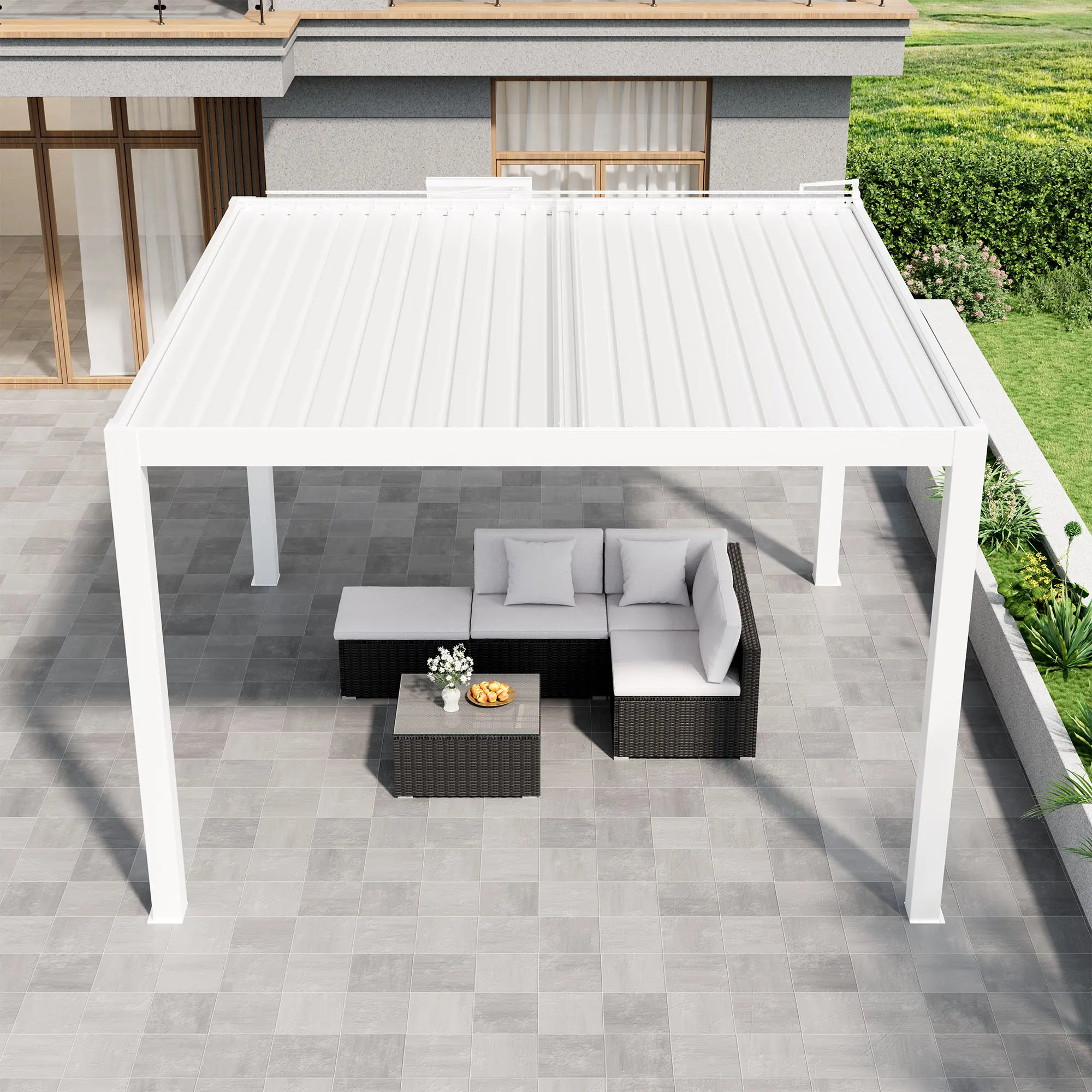 Left. Mondawe - 13ft x 13ft Solar-Powered Aluminum Pergola with Adjustable Louvers,Remote Control and Hidden Drainage System - White.