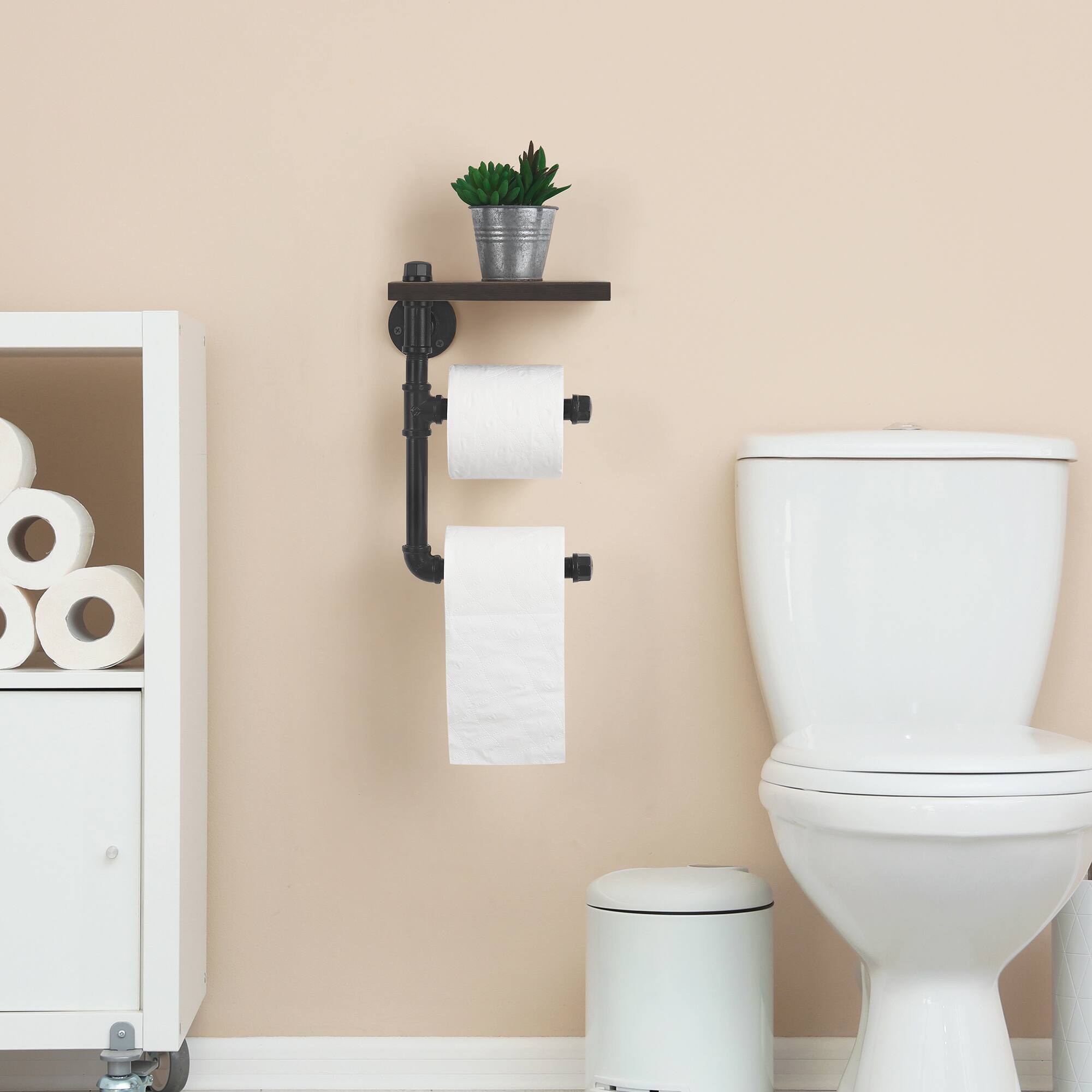 Alt View 2. Oumilen - Industrial Pipe Double Toilet Paper Holder with Dark Brown Shelf – Wall Mounted 2-Roll Tissue Rack.