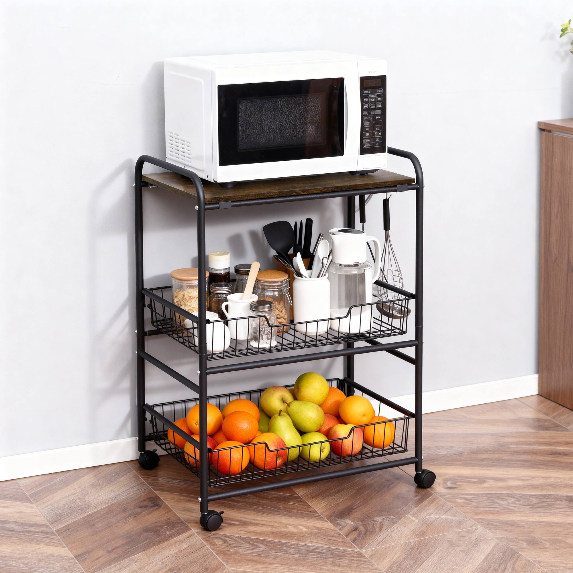 Alt View 7. Homcom - Tier Kitchen Cart with Storage, Rolling Kitchen Island Cart with 2 Sliding Fruit Basket and Side Hooks for Dining Room - Rustic Brown.