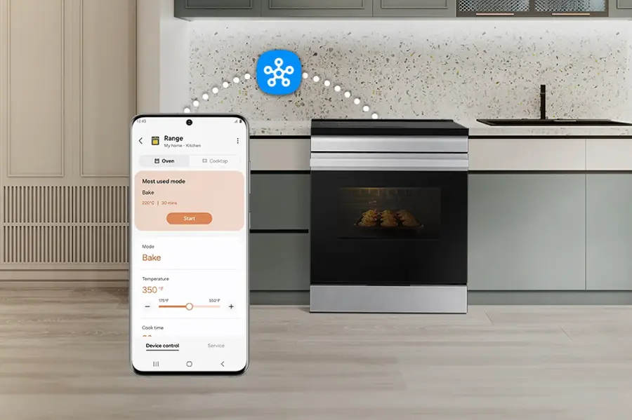 The text on the image reads: "12:45 Range My home kitchen oven cooktop Most used mode Bake 220C 30 mins Start Mode Bake Temperature 350 "F 175F 550rF + Cook time Device control Service."