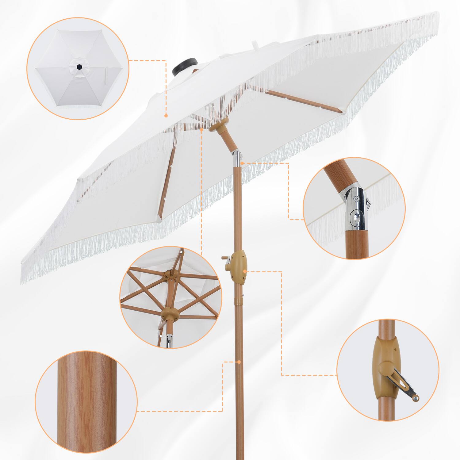 Back. Ainfox - Ainfox 7.5 FT Patio Umbrella with Fringe,Outdoor Tassel Beach Umbrella,Tilt Adjustment with 18 LED Lights & Base - White.