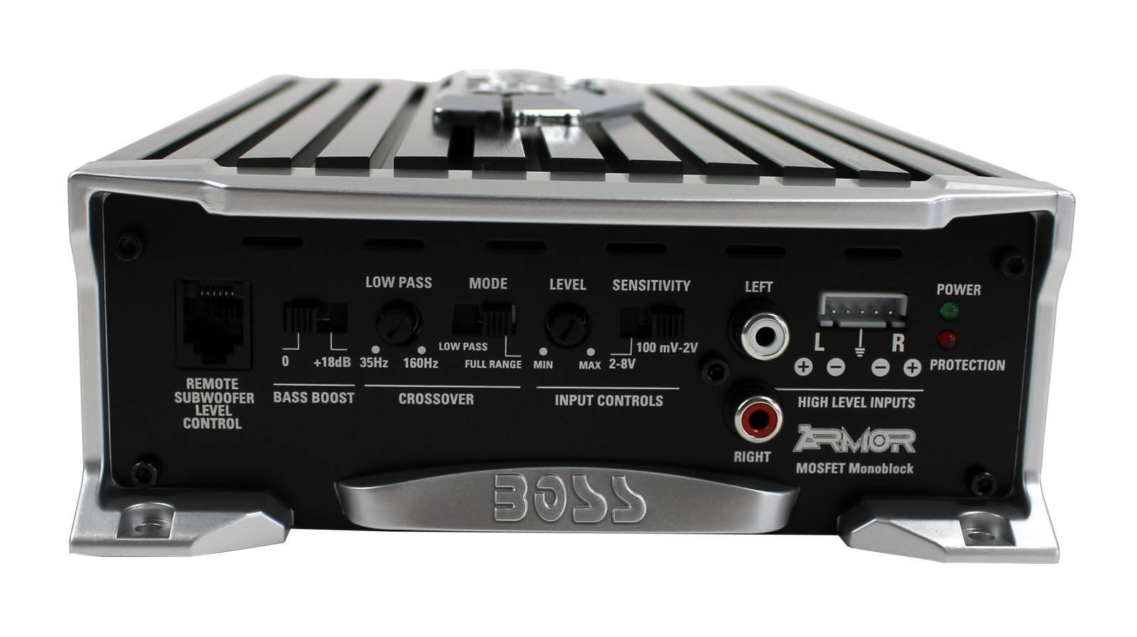 LOW PASS MODE LEVEL SENSITIVITY LEFT POWER LOW PASS 100 mV-2V 0 +18dB 35Hz 160Hz FULL RANGE MIN MAX 2-8V REMOTE SUBWOOFER BASS BOOST CROSSOVER INPUT CONTROLS LEVEL CONTROL BOSS L R + - I + PROTECTION HIGH LEVEL INPUTS ARMOR RIGHT MOSFET Monoblock
