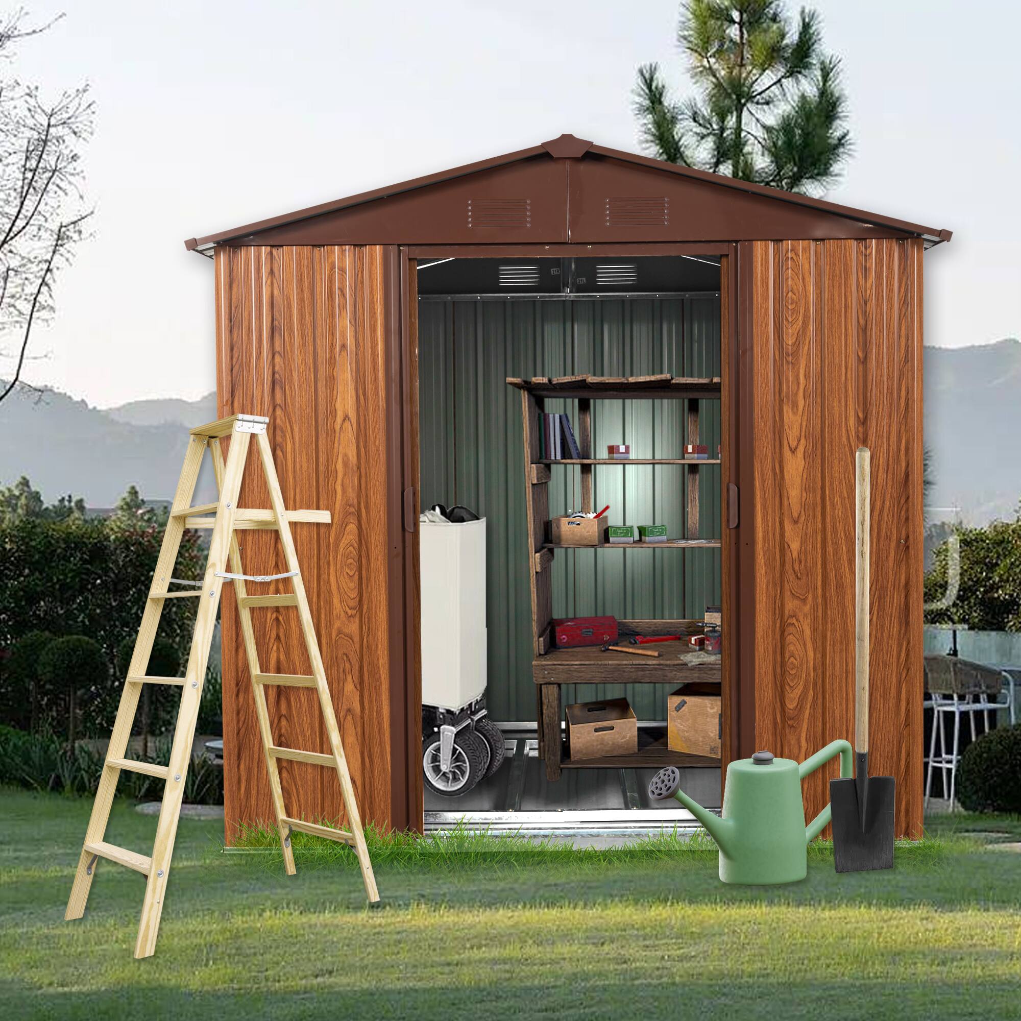 Left. Mondawe - 6ft x 6ft Outdoor Metal Storage Shed with Metal Floor Base and window - Coffee.