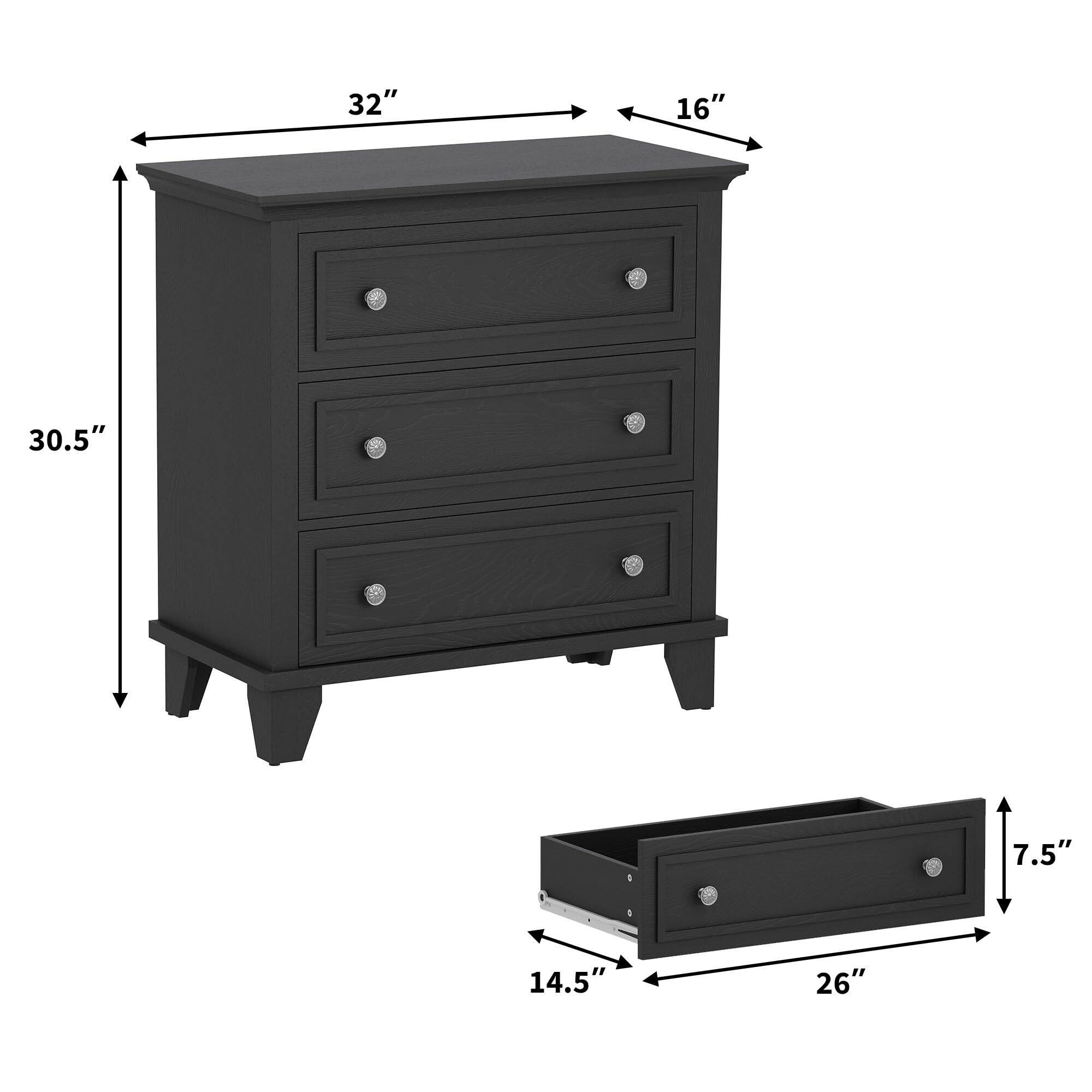 Front. Acekool - 3 Drawer Dresser for Bedroom, Wide Chest of Drawers with Vintage Handle - Black.